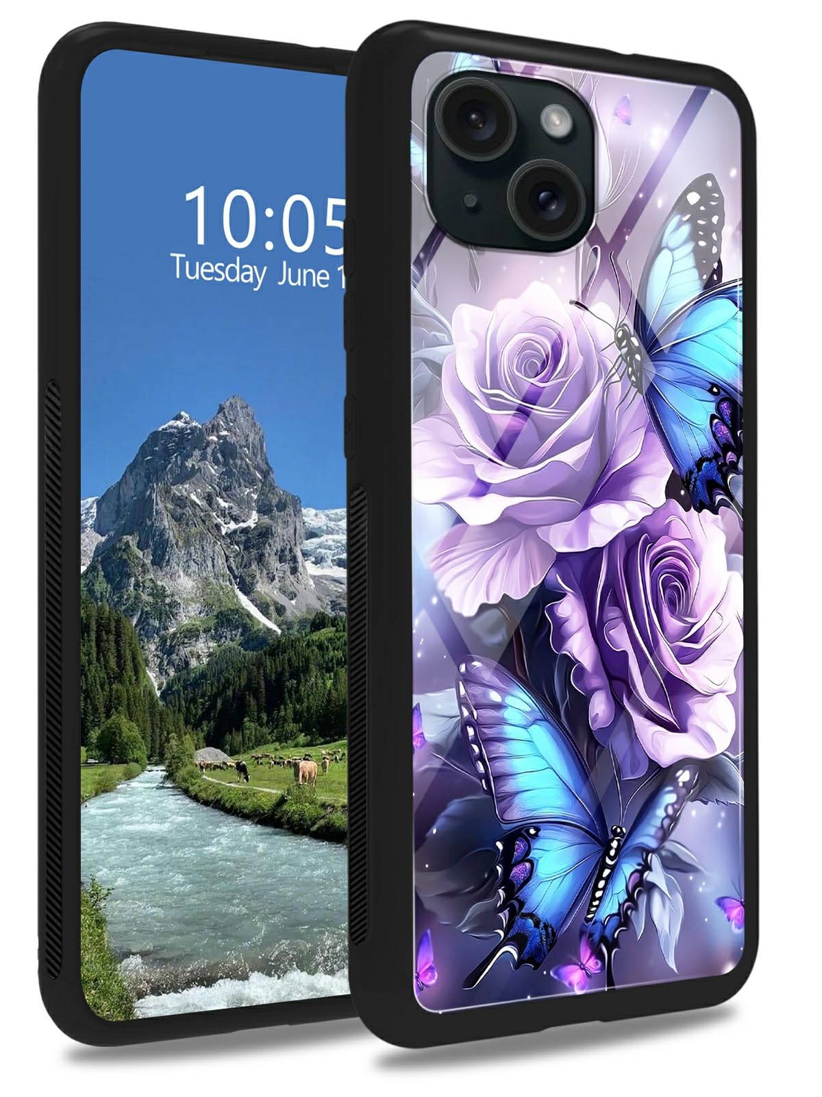 DIGTIALL Purple Roses Blue Butterflies Tempered Glass Case for iPhone 15 6.1" Cover Soft TPU Bumper Fashion Men Women Phone Case Shockproof Protective Cover for iPhone 15 6.1"
