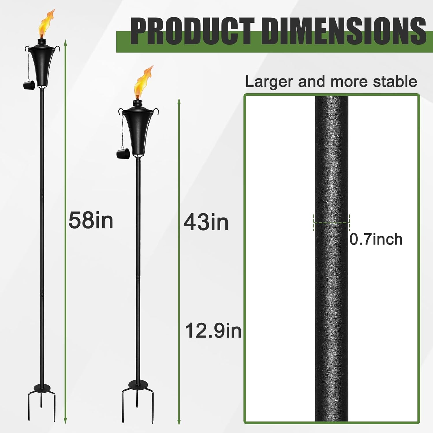 Citronella Torches for Outside Set of 2, 16 Oz Metal Outdoor Torches with 3-Prong Grounded Stake, 58 Inch Torch for Garden Decor, Backyard, and Patio, Black Powder Coated