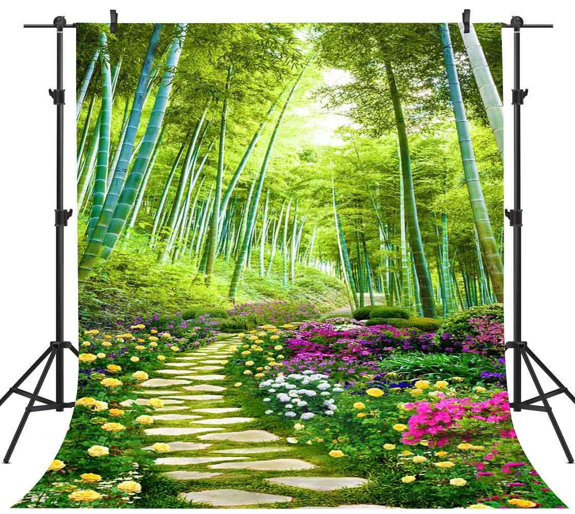 FHZON 5x7ft Park Stone Path Photography Background Bamboo Forest Flower Backdrop Walking Travel Theme Party Photo Booth Video Studio Props LXFH334
