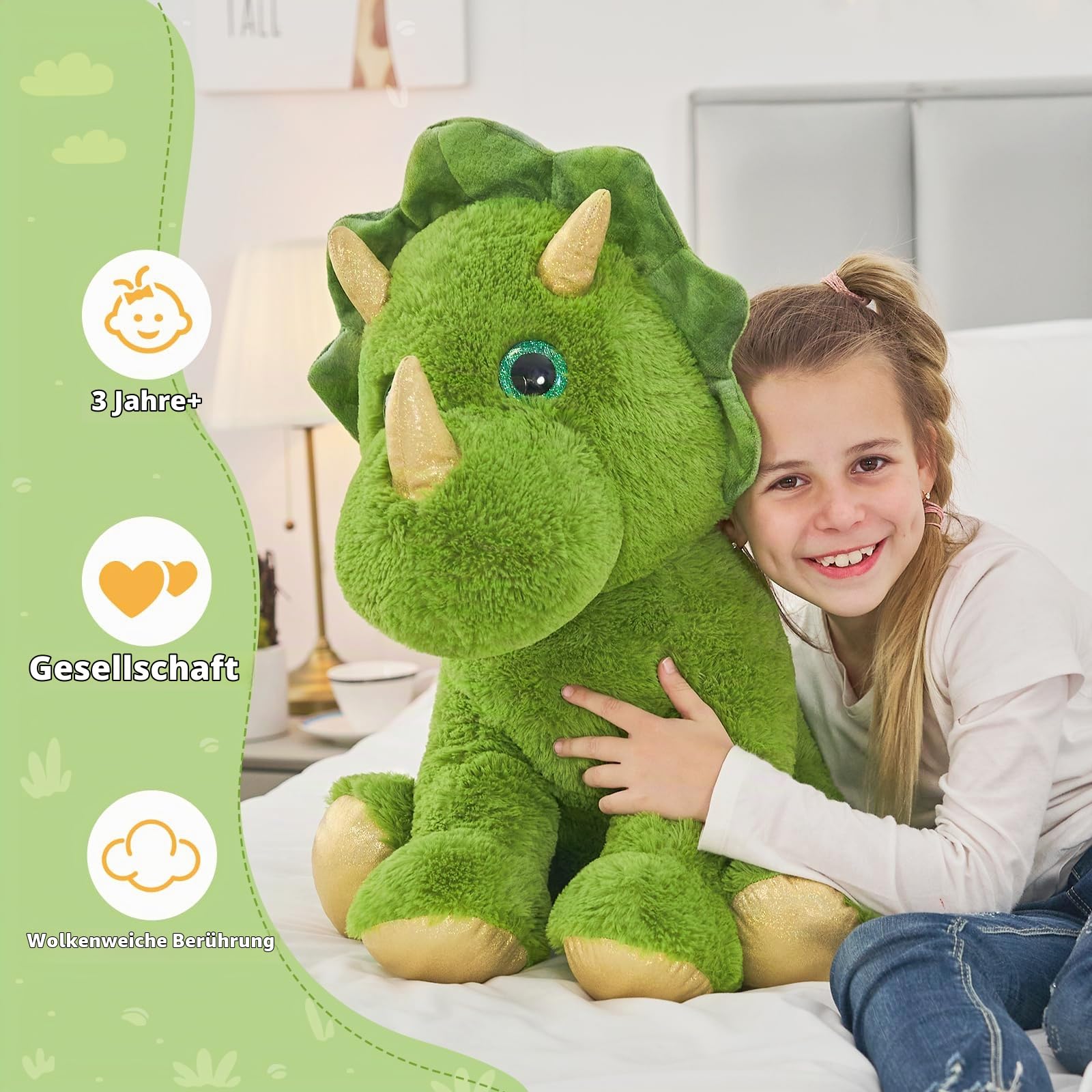MorisMos Weich gefülltes Triceratops Plüschtier für Kinder, Riesen Dinosaurier Kuscheltier, 62cm Dino Stofftier Spielzeug Kissen Puppe Geburtstag Geschenke