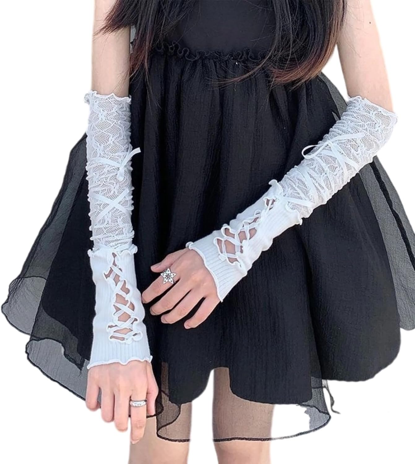 Lace Ripped Long Gloves Fingerless Fairy Sleeves Arm Warmers Cute Victorian Goth Punk Grunge Halloween Witch Cosplay Women