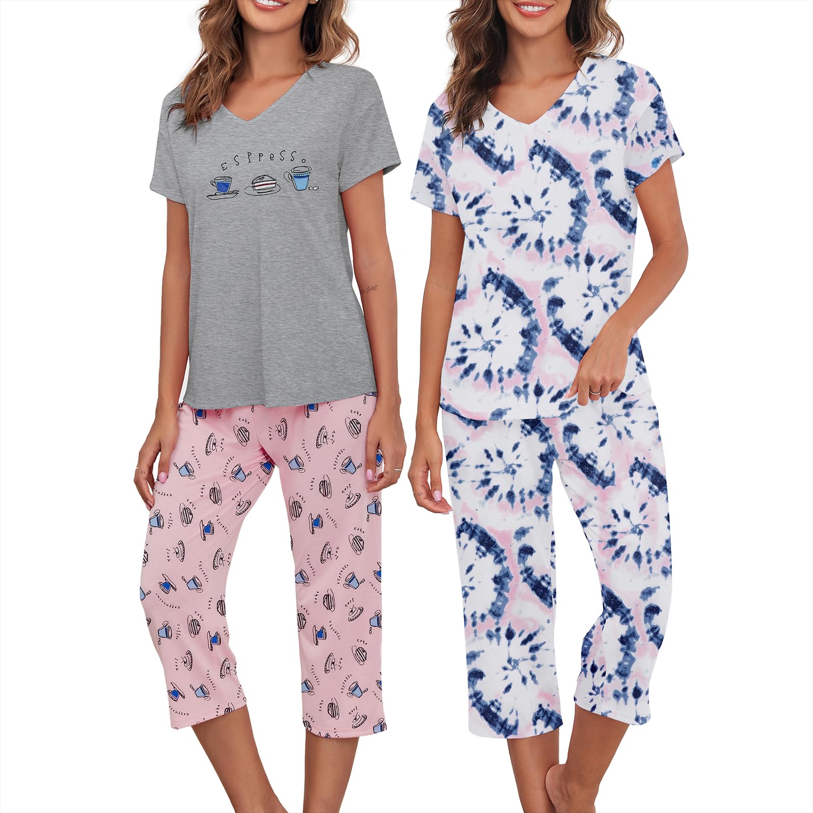 American Trends Paquete de 2 pijamas de algodón para mujer, conjunto de dos piezas de manga corta con pantalones capri, conjunto de pijama de verano