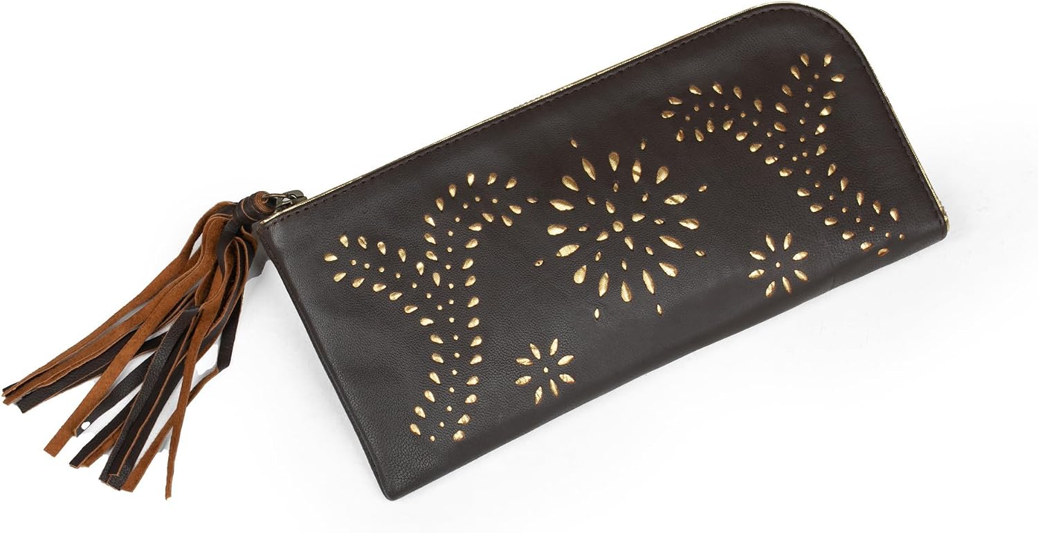 NOVICA Artisan Handmade Leather Wallet Clutch Crafted from Dark Brown Handbags Wallets Patterned Indonesia Bohemian ' Prambanan Fireworks in Brown'