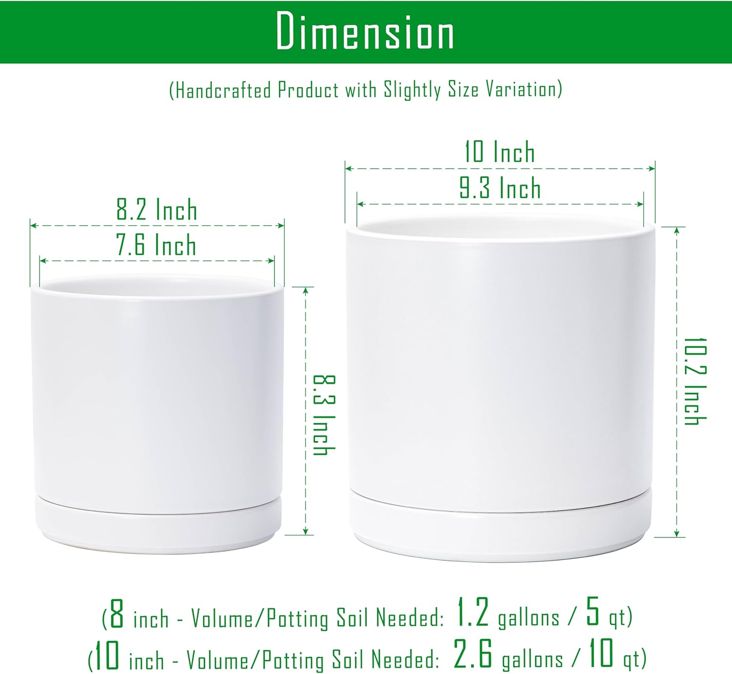 D'vine Dev 8.2 Inch & 10 Inch Ceramic Planter Pot for Plants with Drainage Hole and Saucer, Large Plant Pots Set, White, 94-G-L-1