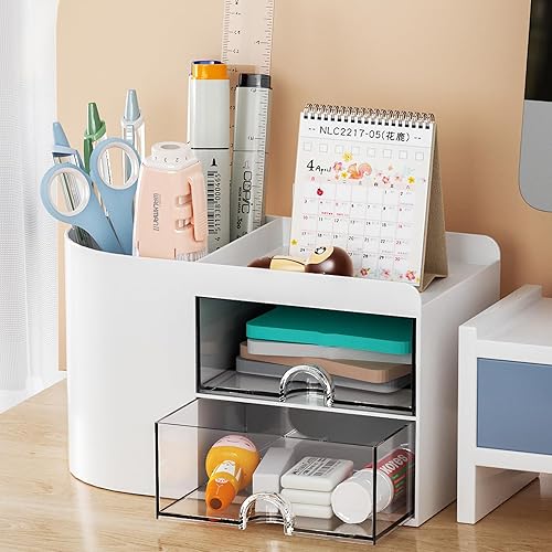 Miniatura 3 de Marbrasse Organizador de escritorio pequeño con cajón, caja de almacenamiento multifuncional para lápices, organizador de escritorio y accesorios