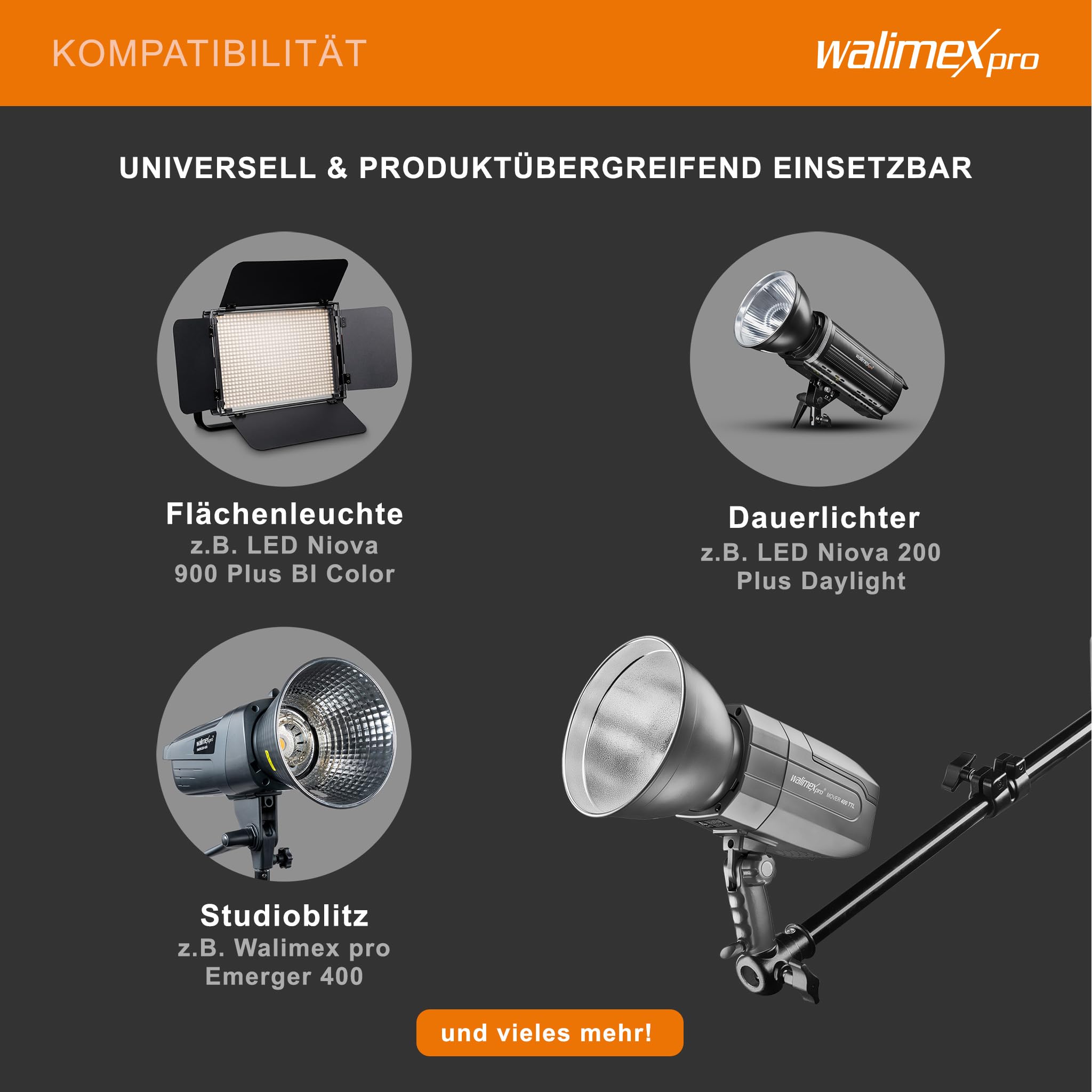 Walimex pro Deckenstativ 34-54 cm, Lichtstativ mit doppelseitigem 5/8" Spigot, Auslegerarm Halterung mit 1/4" u. 3/8" Gewinde, Lampenstativ belastbar bis 6 kg ideal für Videoleuchte, Softbox u. Kamera