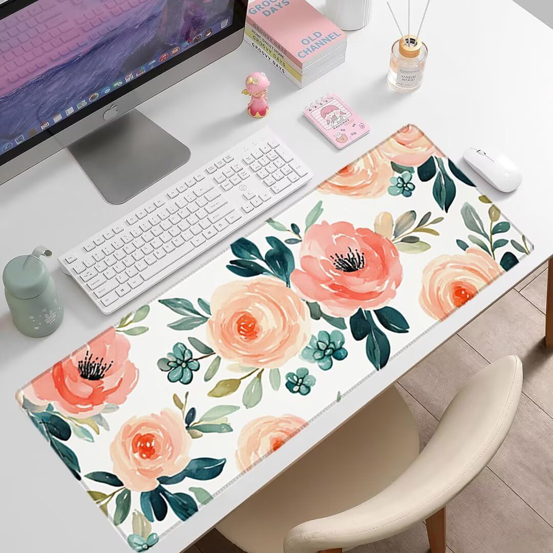 Podkładka pod mysz XXL Flower - 1400x600x3mm - biała duża mata na biurko z przeszytymi krawędziami i antypoślizgowa wodoodporna do komputera, laptopa poprawia precyzję i szybkość. -36478