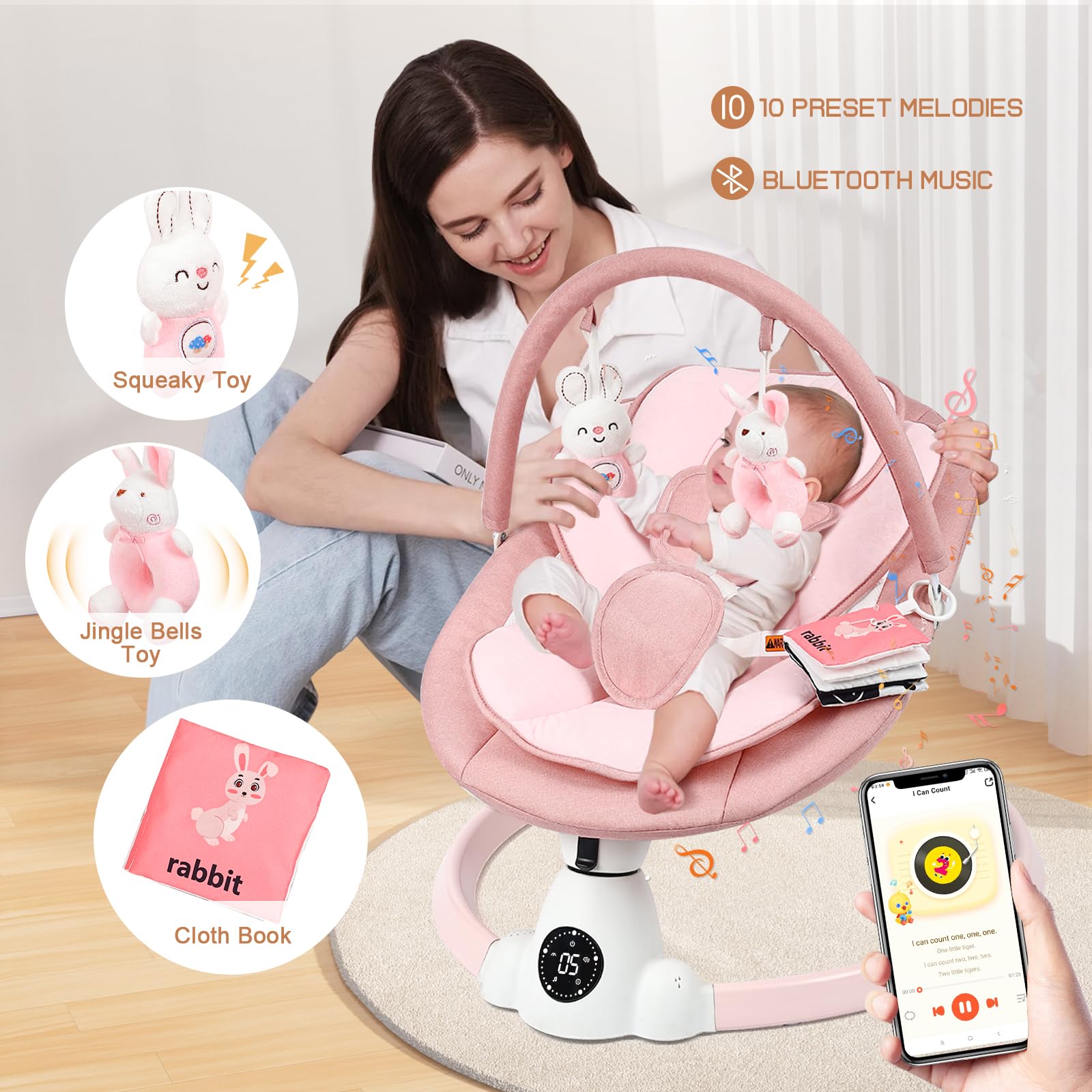 Uuoeebb Baby Swing for Infants, Portable Electric Baby Swings with Bluetooth, 5 Swing Speed, 10 Lullabies, 5-Point Harness, Remote Control & Touch Panel - Infant Swing for Indoor & Outdoor Use, Pink