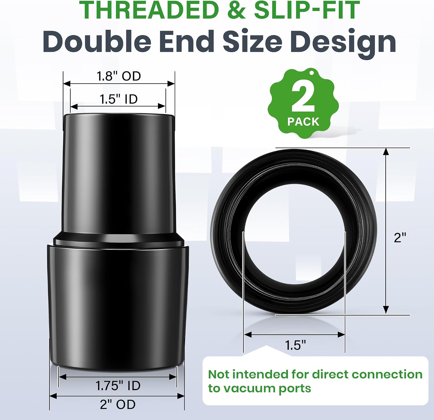 2 Pack Vacuum Threaded Hose Cuff, Press Fit Over 1.5" OD Wand & Fits 1.5" ID Threaded Hose, Compatible with Cen-Tec 65555 and ProTeam 1.5" OD Aluminum Wand, Vacuum Cleaner Connector