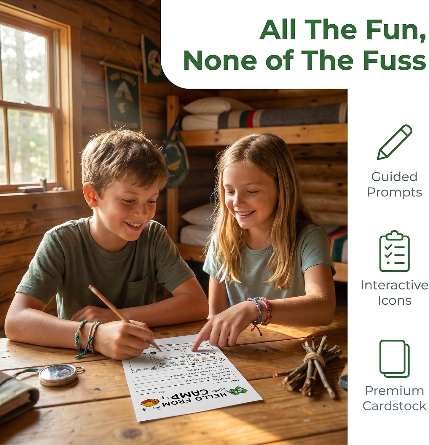 12 Set Sleepaway Camp Flat Cards and Envelopes Set for Campers Boys and Girls 5.1 x 7.8 in with Paper & Envelopes & Stickers, Fill in The Blank Camp Stationary,Summer Camp Essentials