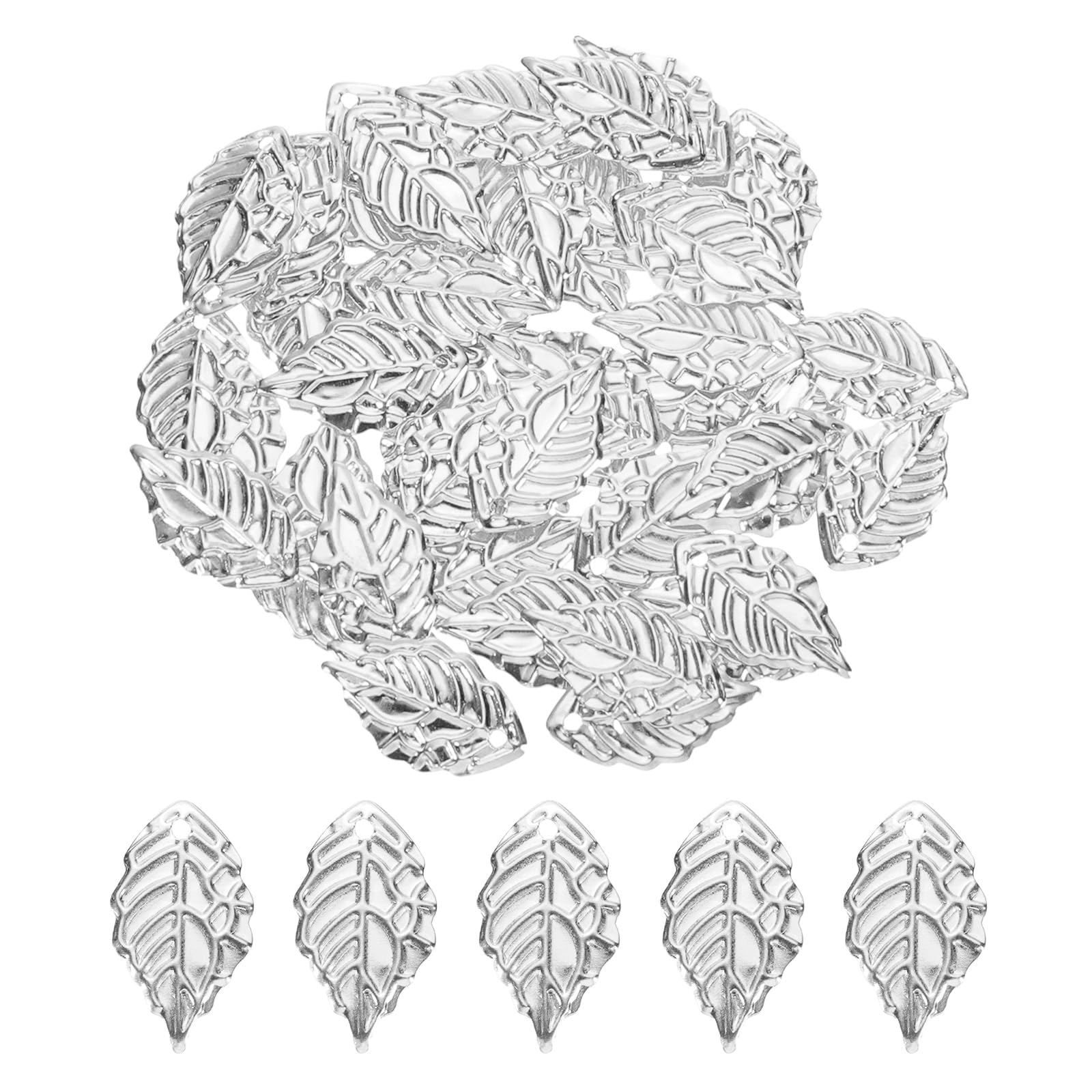 sourcing map 50Pcs Leaf Ornaments Pendant, Metal Tree Leaves Decoration Crafts for Making DIY Earring Necklace Hairpin Clothing Crafts (Silver, 1.7 x 1cm)