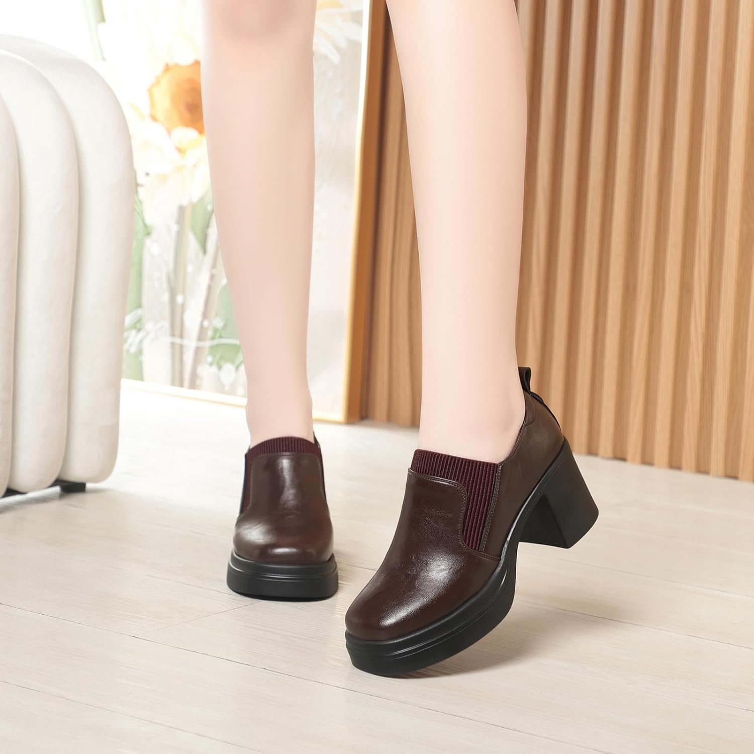 Women's Leather Square Toe Chunky High Heel Loafers Comfortable Slip On Platform Block Heel Pumps Casual Office Business Work Dress Shoes