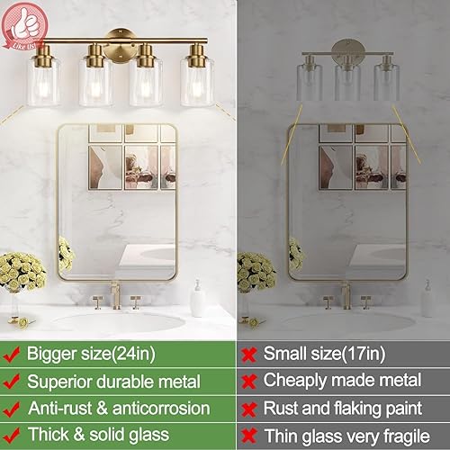 Miniatura 140 de Lámpara de baño de 3 luces doradas, moderna lámpara de tocador de baño con pantalla de vidrio transparente, luces de montaje en pared de baño de oro