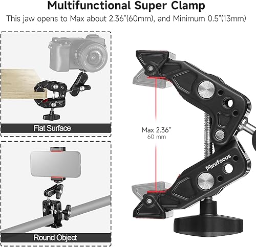 Miniatura 2 de MINIFOCUS Soporte de abrazadera para cámara Super Clamp de 360, brazo mágico de cabeza esférica de 360 con adaptador de soporte de extensión de