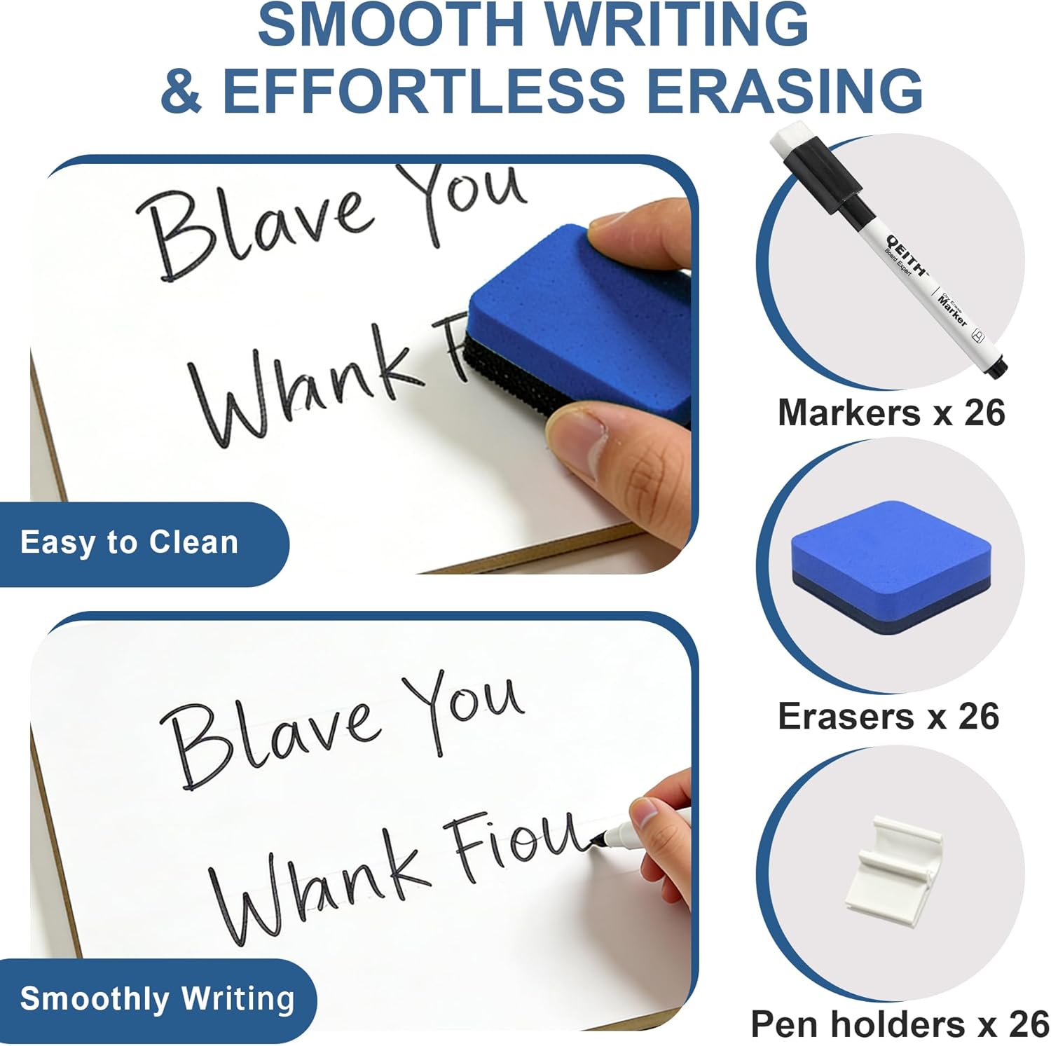 Dry Erase Boards, 26 Pack 9"x12" Double Sided Portable Handheld Small Whiteboards, for Children, Students, Teachers and Schools, Including 26 Markers, 26 Erasers, 26 Pen Holders.