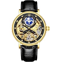 Mens Mechanical Watch Moon Phase Automatic Self-Winding Tourbillon Wristwatch Business Dress Watch for Men with Leather Band