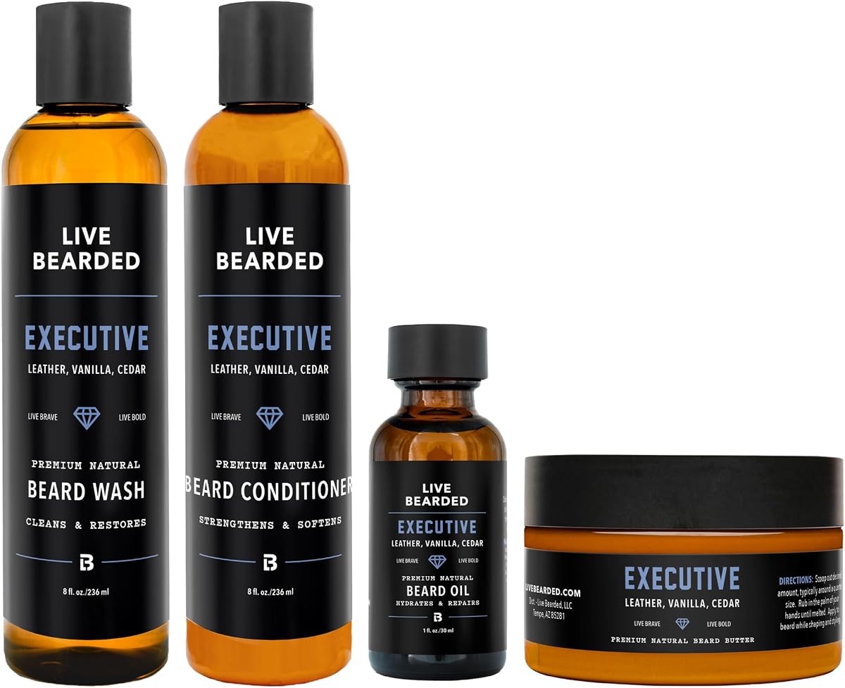 LIVE BEARDED® Complete Beard 4 Step Grooming Kit, Executive Scent | All-Natural Wash, Conditioner, Butter & Oil, 4-Step Kit, Nourishes & Supports Beard Growth, Cedar, Vanilla
