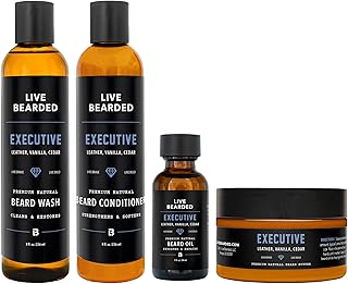 Live Bearded Complete Beard Grooming Kit - Wash, Conditioner, Butter and Oil - Made in the USA with All-Natural Ingredients - Mens Groom Set | Executive Scent - Cedar, Vanilla