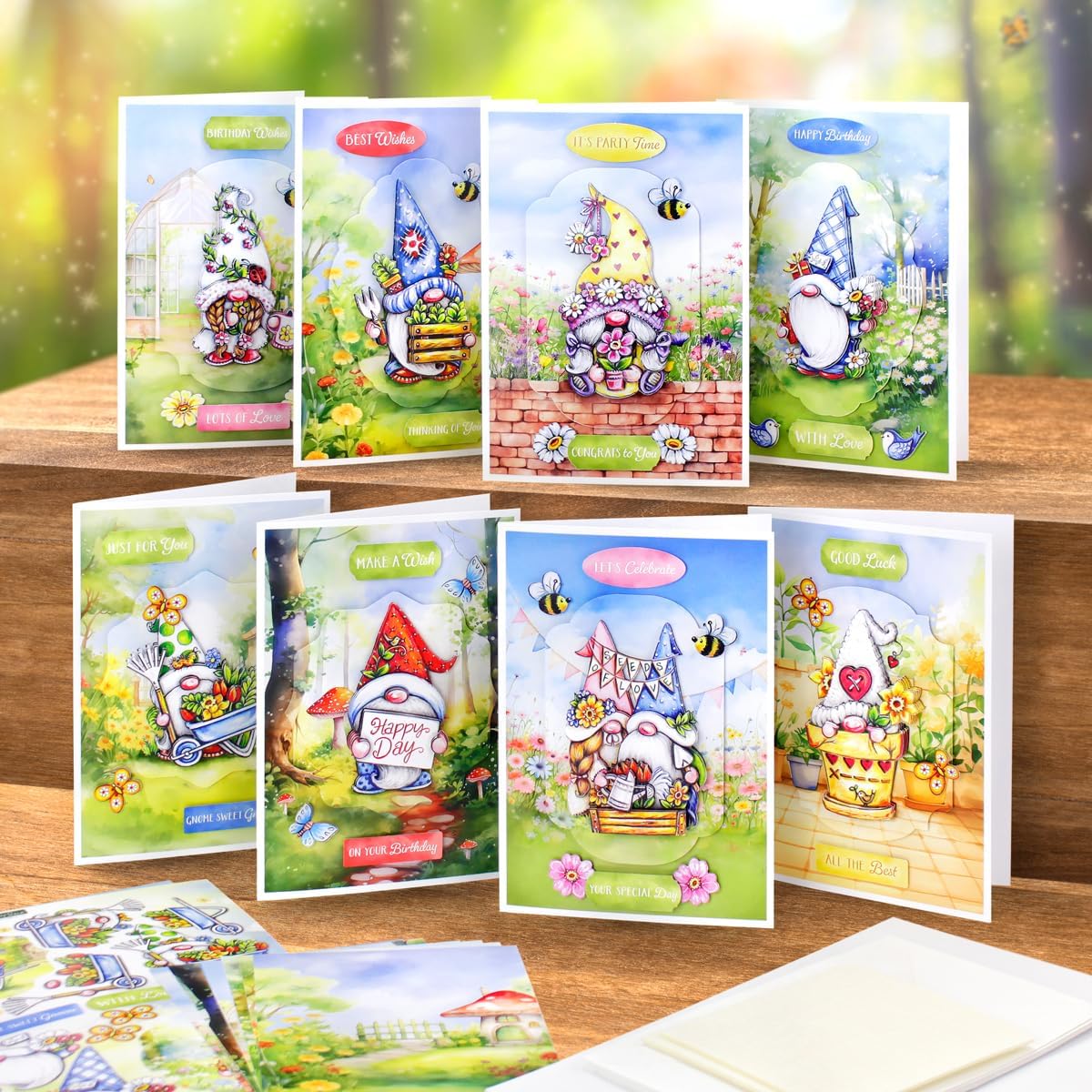 Katy Sue The Garden Gnomes Card Making Kit. Makes 8 Cards at 5 x 7 Inches. Contains Gnome Die-Cut Decoupage, Background Scenes, Cards, Envelopes & Foam Pads for Card Making Supplies. UK-Made.