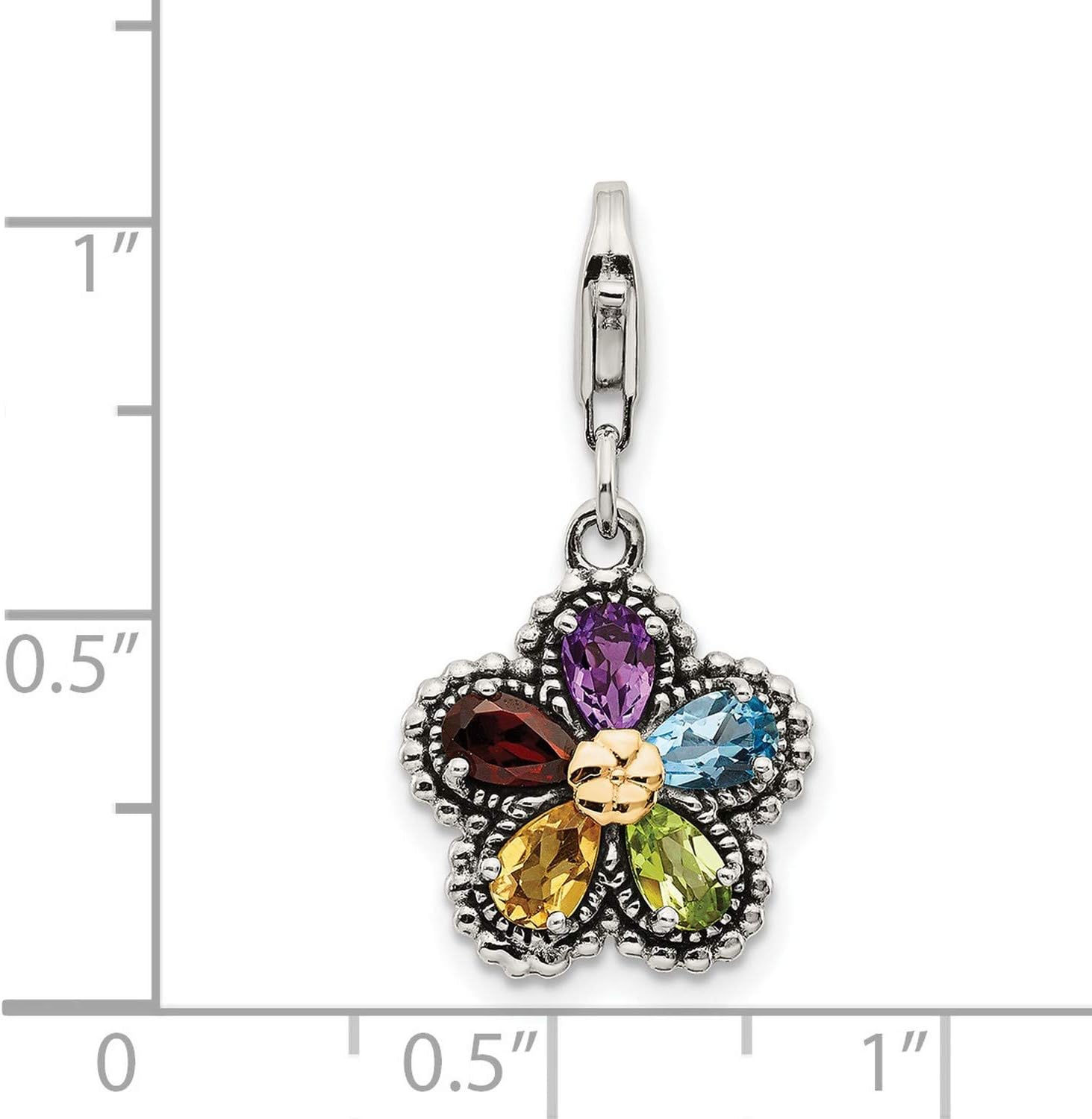 Two-Tone Floral Charm Pendant in 14k Gold and Sterling Silver with Five Teardrop Multicolor Gemstones, Nature Inspired Jewelry for Women, Symbolic Flower Necklace or Bracelet Accessory 24 mm x 14 mm