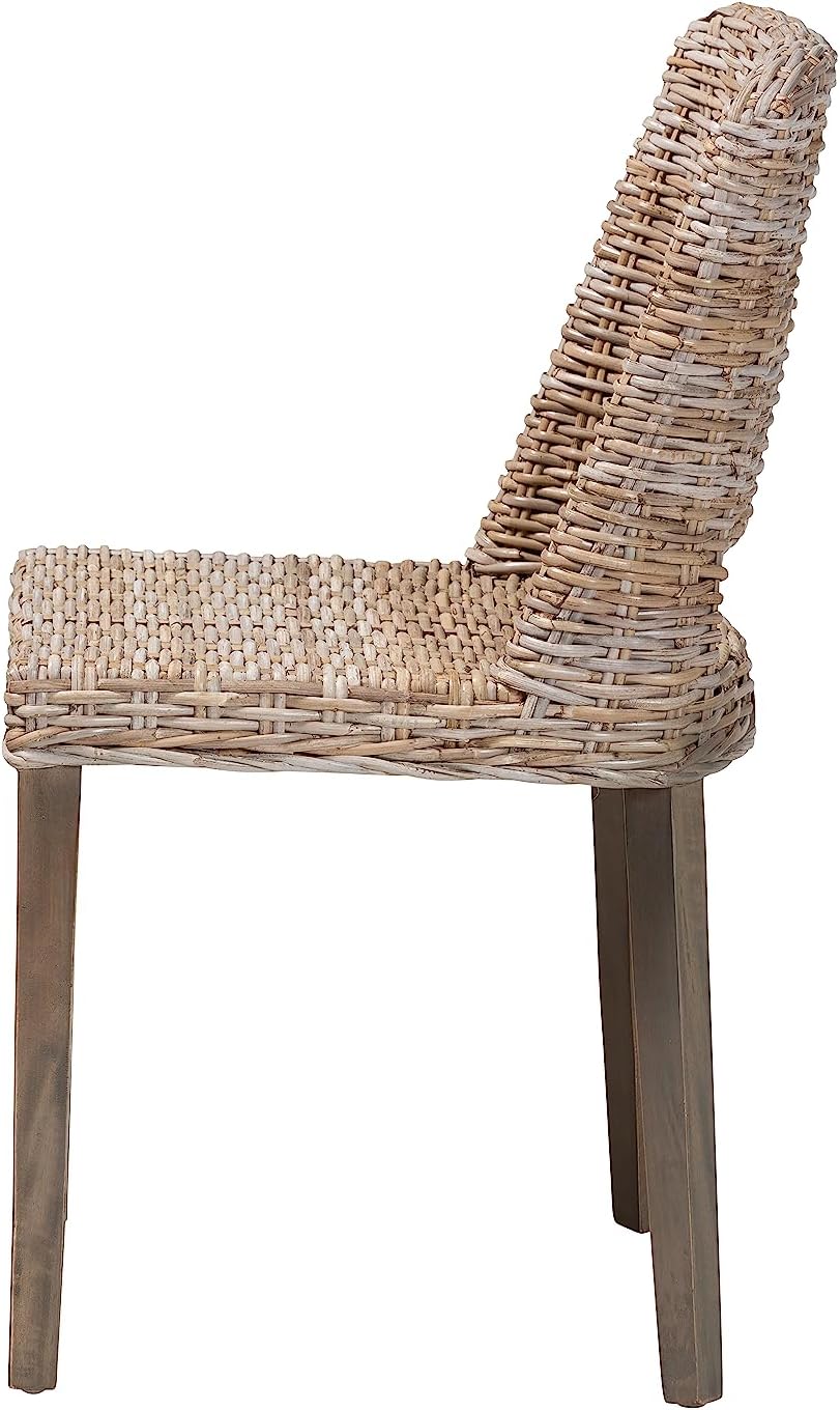 bali & pari Magy Modern Bohemian Grey Kubu Rattan and Mahogany Wood Dining Chair