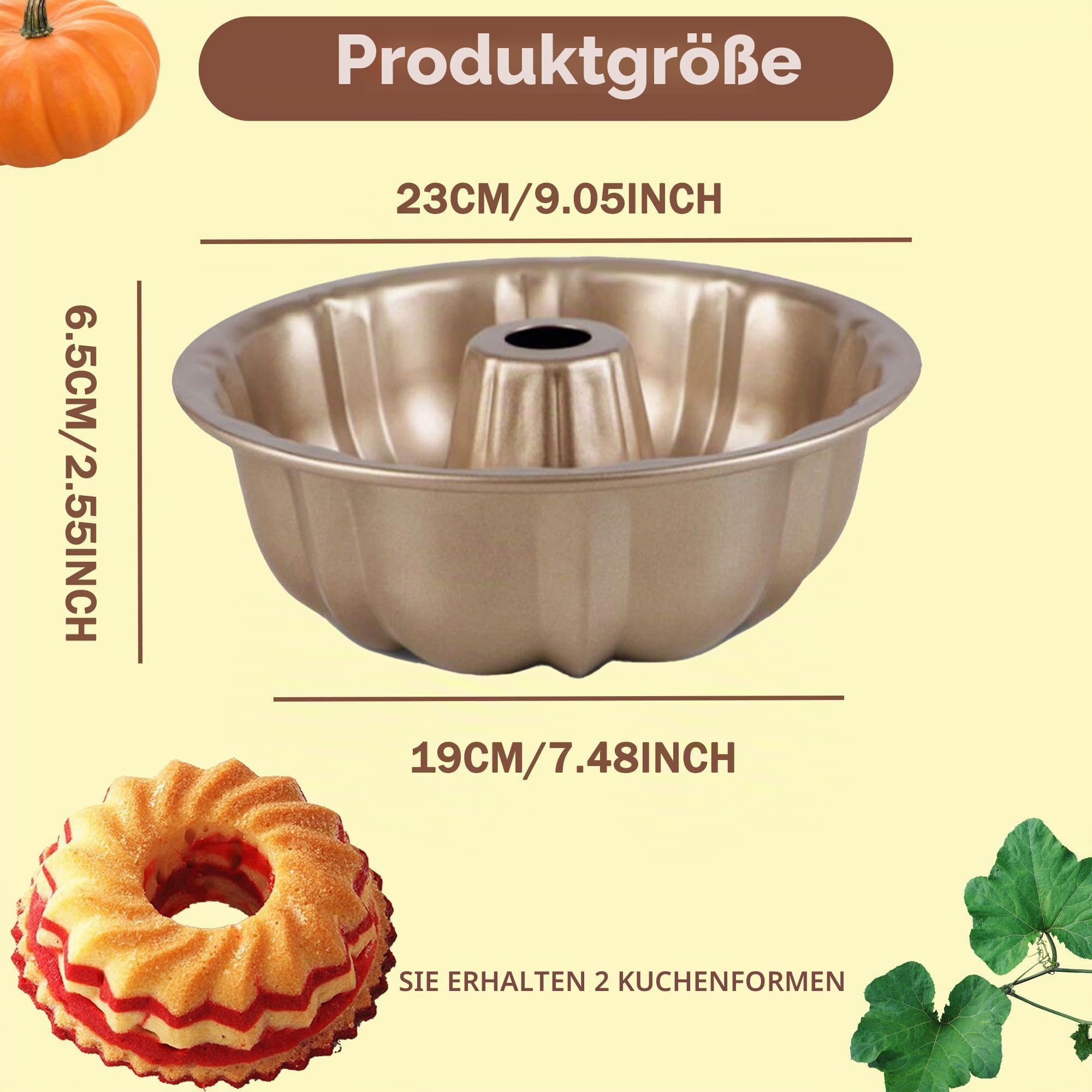 2 Stück Gugelhupfform, Antihaft-Kuchenformen aus Karbonstahl, Gugelhupf Backform, Kugelhupf Backform 24cm, Kuchenform für Kuchen Brot (Gold)