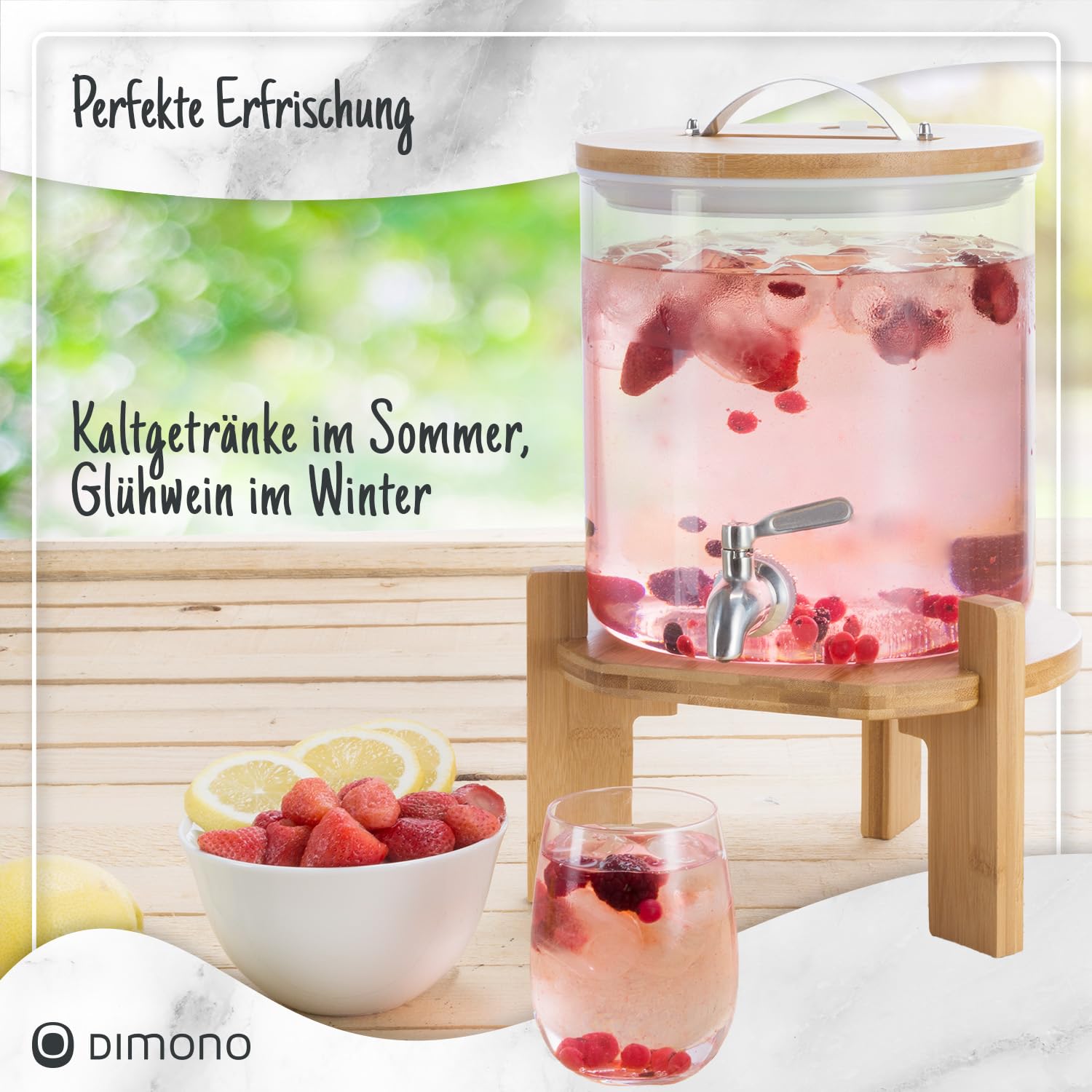 Getränkespender Edelstahl Bambus-Ständer 5L Wasserspender Glas Zapfhahn Bowle Gefäß Deckel