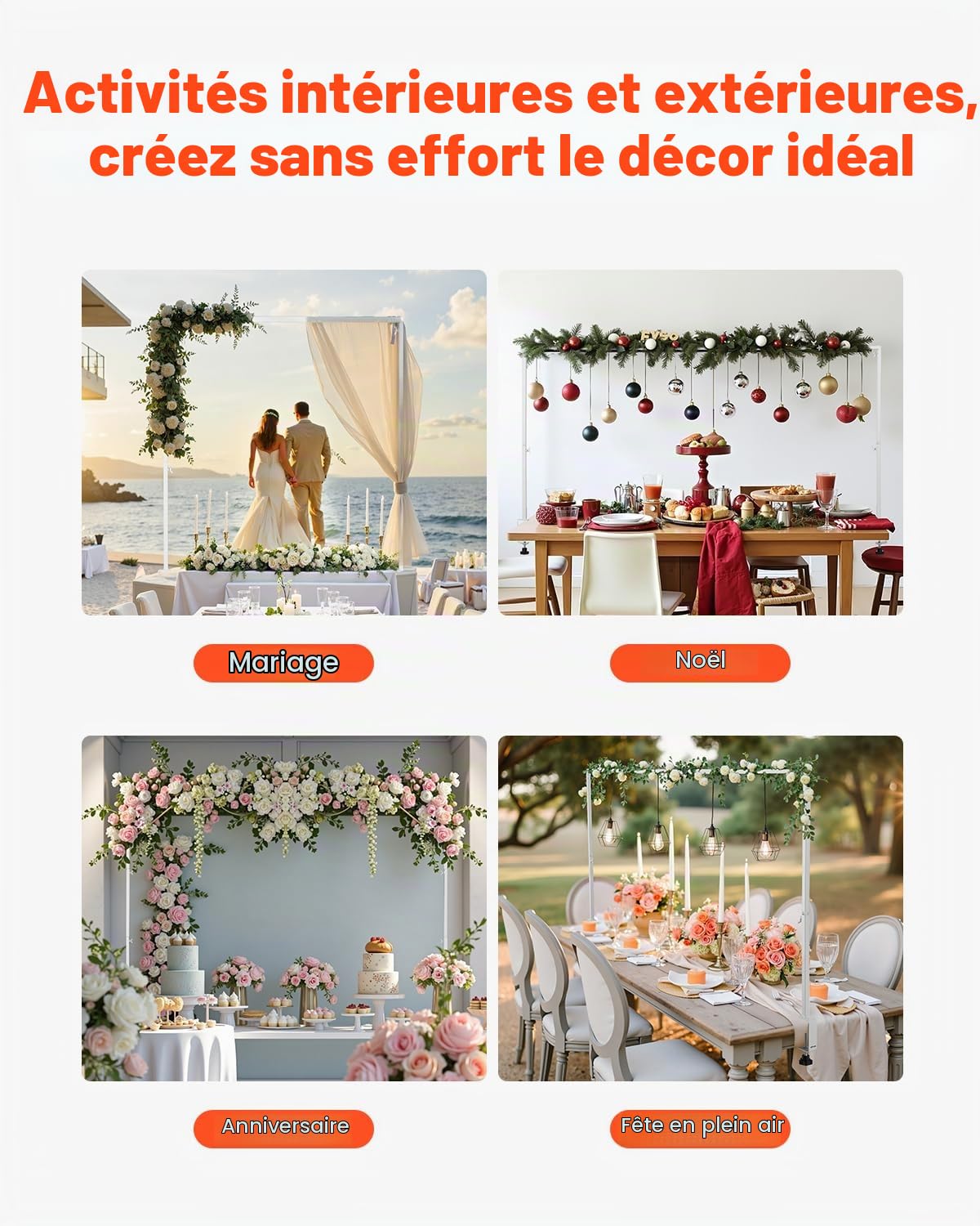 VEVOR Support Tige de Table avec Pinces, Support Arche de Table, Hauteur Réglable 330-1066,8 mm Longueur Réglable 711,2-2489,2 mm, Cadre Arche Métal, pour Déco de Mariage, Anniversaire, Noël, Blanc