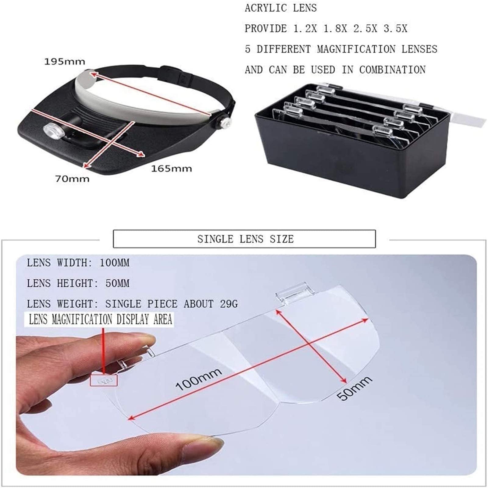 Lupa de Diadema, Gafas de Aumento iluminadas para la Cabeza, Lupa de Mano con luz LED, Lupa de Diadema iluminada Manos Libres de 1.2X a 3.5X con Lentes Desmontables, Diadema pa,