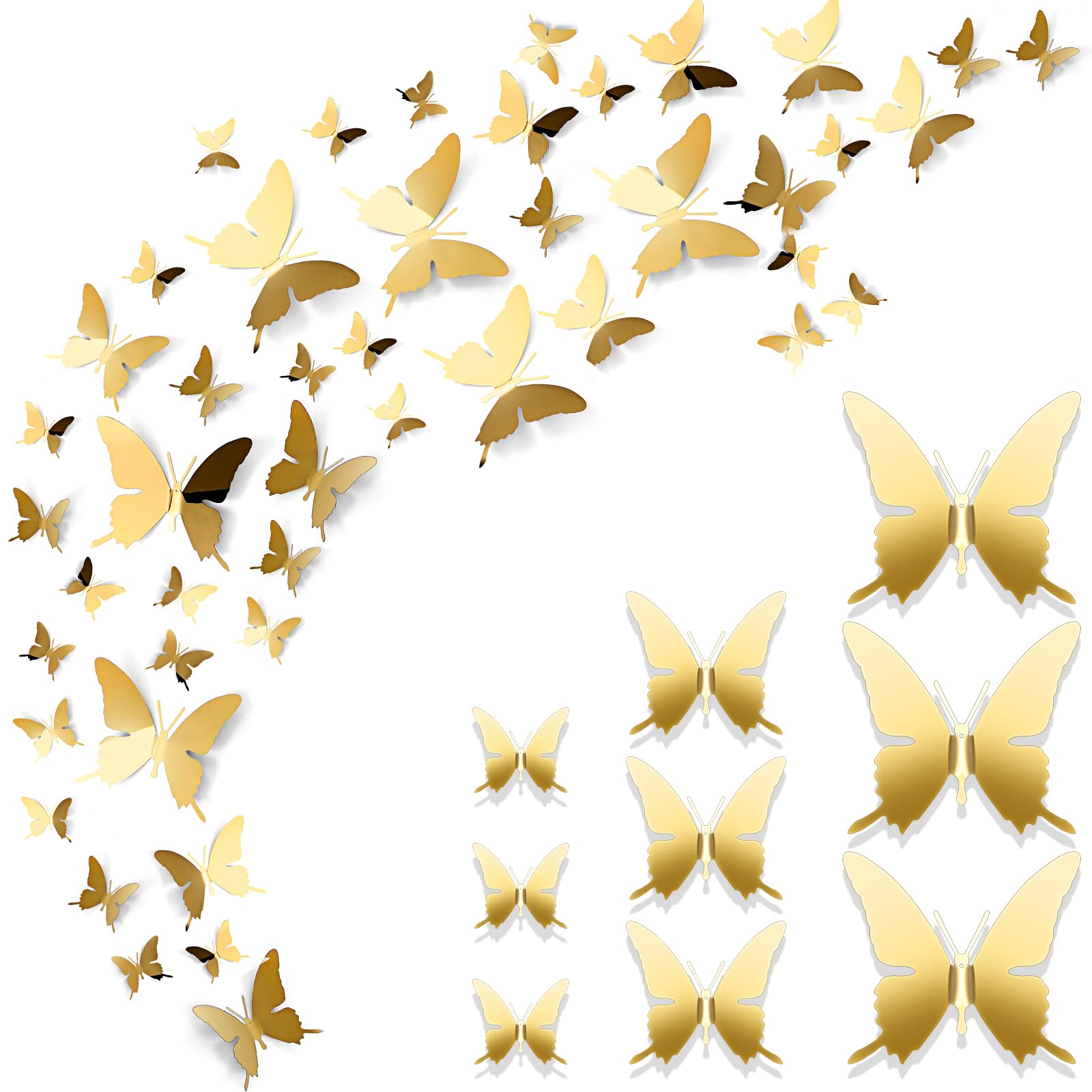 Ferraycle48 Pcs Metal Butterfly Decorations, 3D Flying Butterfly for Ceiling, Cute DIY Art Decor for Shopping Mall Bedroom Home Living Room Window, 2.36 Inches, 3.94 Inches, 5.9 Inches (Gold)