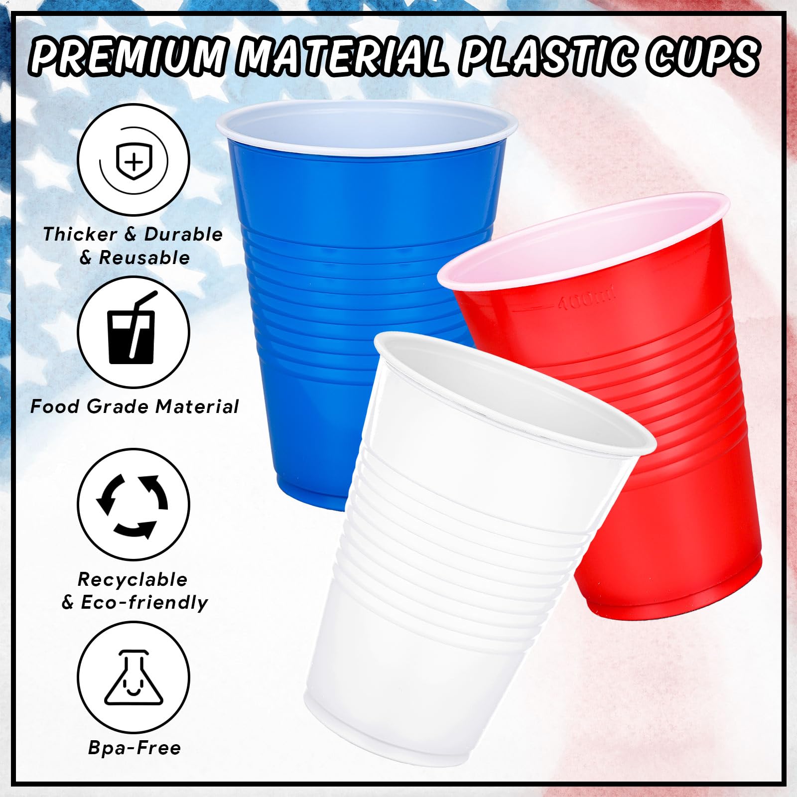 JarThenaAMCS Patriotische Kunststoffbecher, 473 ml, rot, blau, weiß, Einweg-Trinkbecher, stapelbar, Partybecher für Unabhängigkeitstag, Partyzubehör, 150 Stück