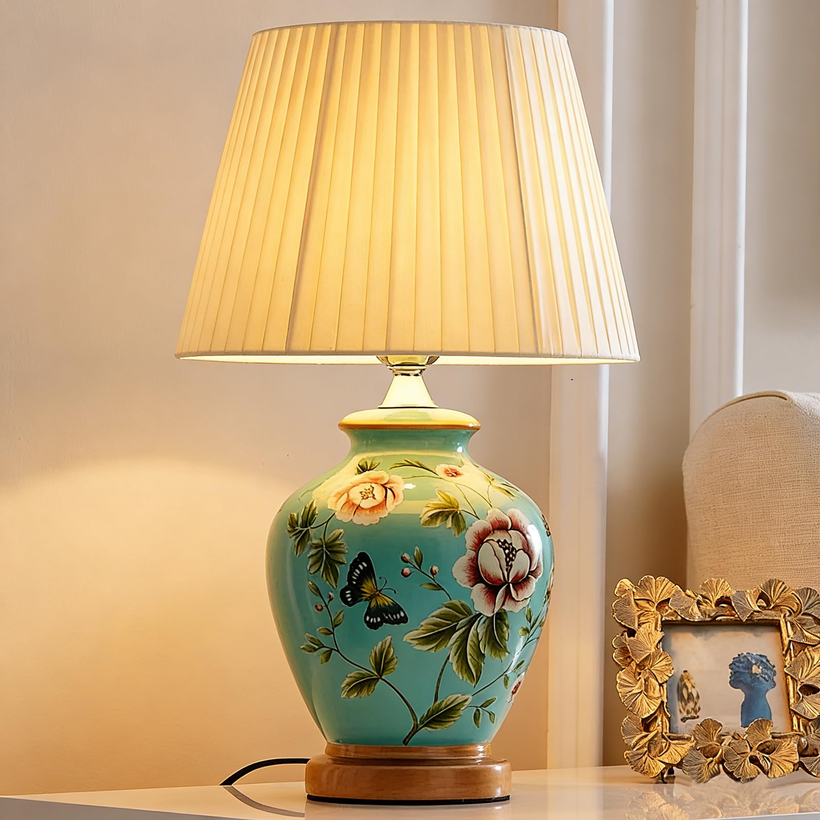 YUDIZWS Large Living Room Table lamp Retro Ceramic Desk lamp Elegant Oriental Floral and Bird Pattern Fabric lampshade dimmable Suitable for bedrooms Living Rooms and Home décor