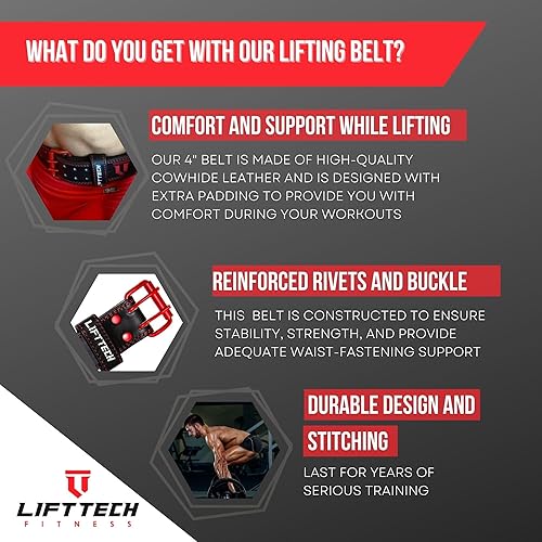 Miniatura 3 de Lift Tech Fitness Cinturón de elevación de cuero acolchado de 4 pulgadas, cinturón de levantamiento de pesas para mujeres y hombres, cinturón de