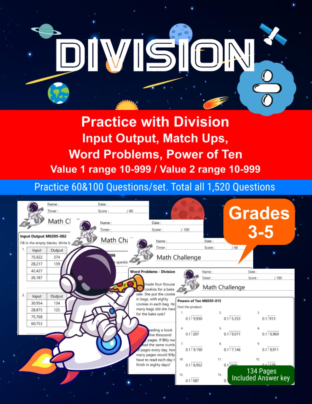 Division: Math Drill, Practice Book, Workbook, Match Ups, Word Problems, Grades 3-5, Ages 8-11
