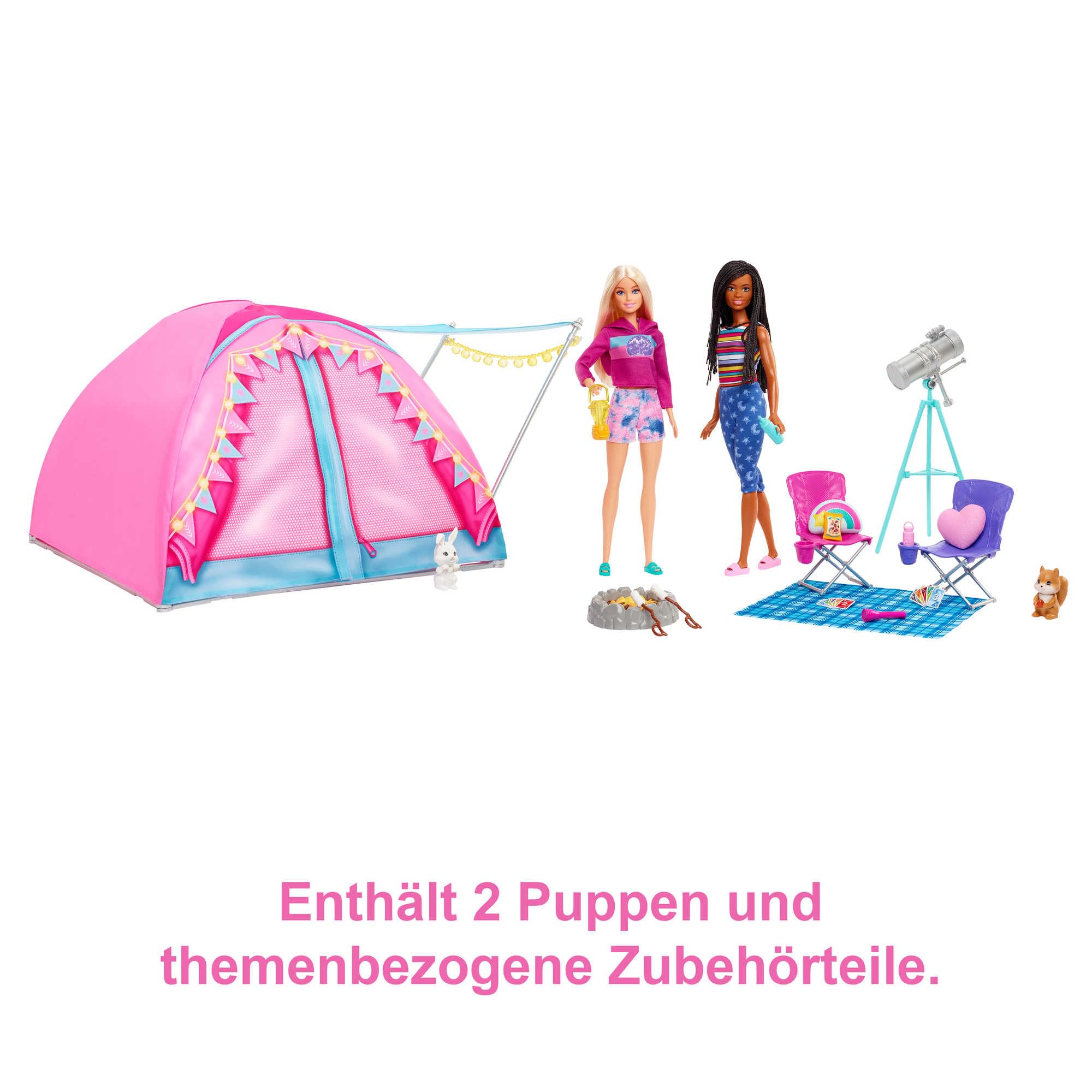 Barbie Abenteuer zu zweit Camping-Spielset mit Zelt, inkl. 2 Puppen, Camping Zubehör und Tiere, Geschenk für Kinder, Spielzeug ab 3 Jahre,HGC18