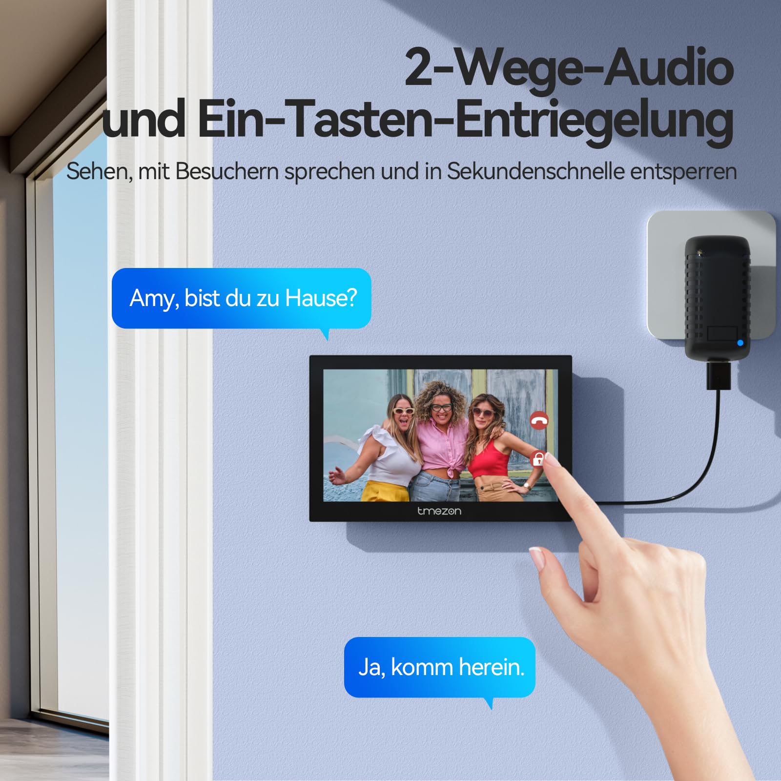 TMEZON WLAN Kabellose Video Türsprechanlage mit 7" Touchscreen, Türklingel mit Kamera & Solarbetrieb, 1080P HD, 160° Weitwinkel, Zwei-Wege-Audio, PIR-Bewegungserkennung, App-Steuerung,2,4/5GHz WiFi