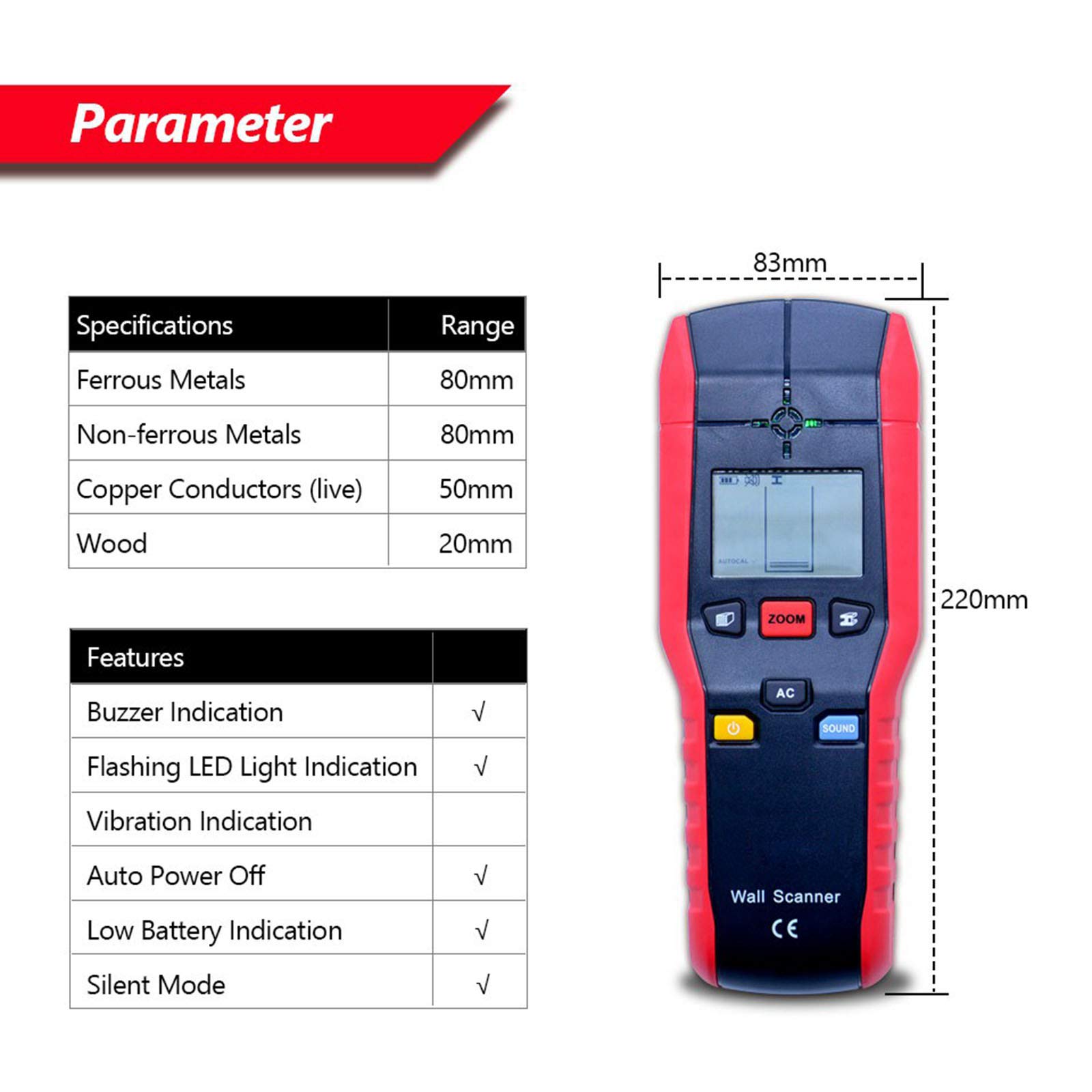 Detector de Pared de Mano Multifuncional, probador de Pared Buscador de Cable de CA de Madera de Metal Escáneres de Pared Pantalla LCD Detector de Cable en Vivo