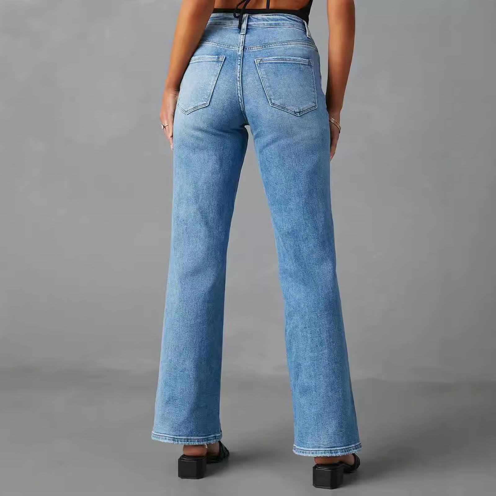 Jeans Donna A Gamba Dritta per Donne in Vita Alta Sciolti-Blu-XL