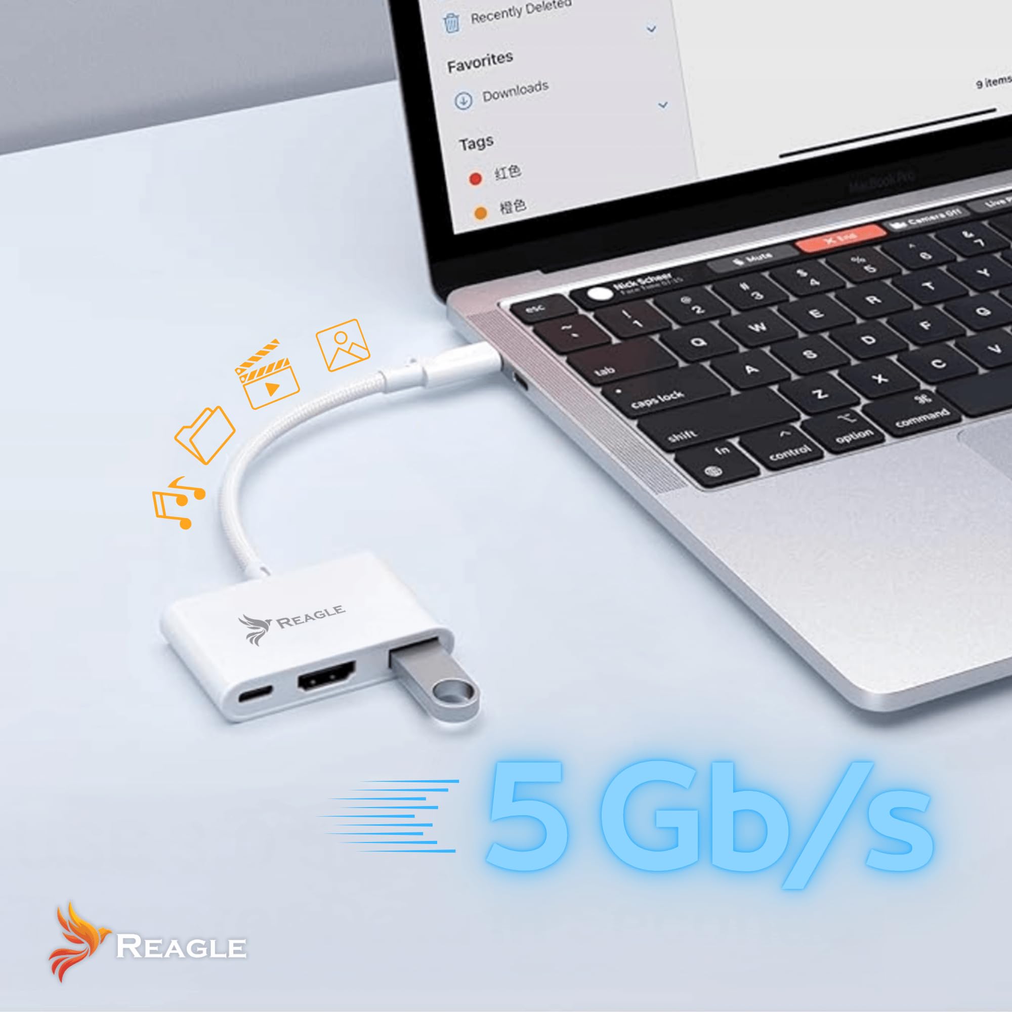 Reagle Adapter USB-C HDMI 4K60Hz z USB-A i PD 100W, Wyjście Wideo Ultra HD 4K do TV Monitor Projektor USB-C do HDMI Kompatybilny z DP Alt Mode MHL dla Laptopów i Smartfonów