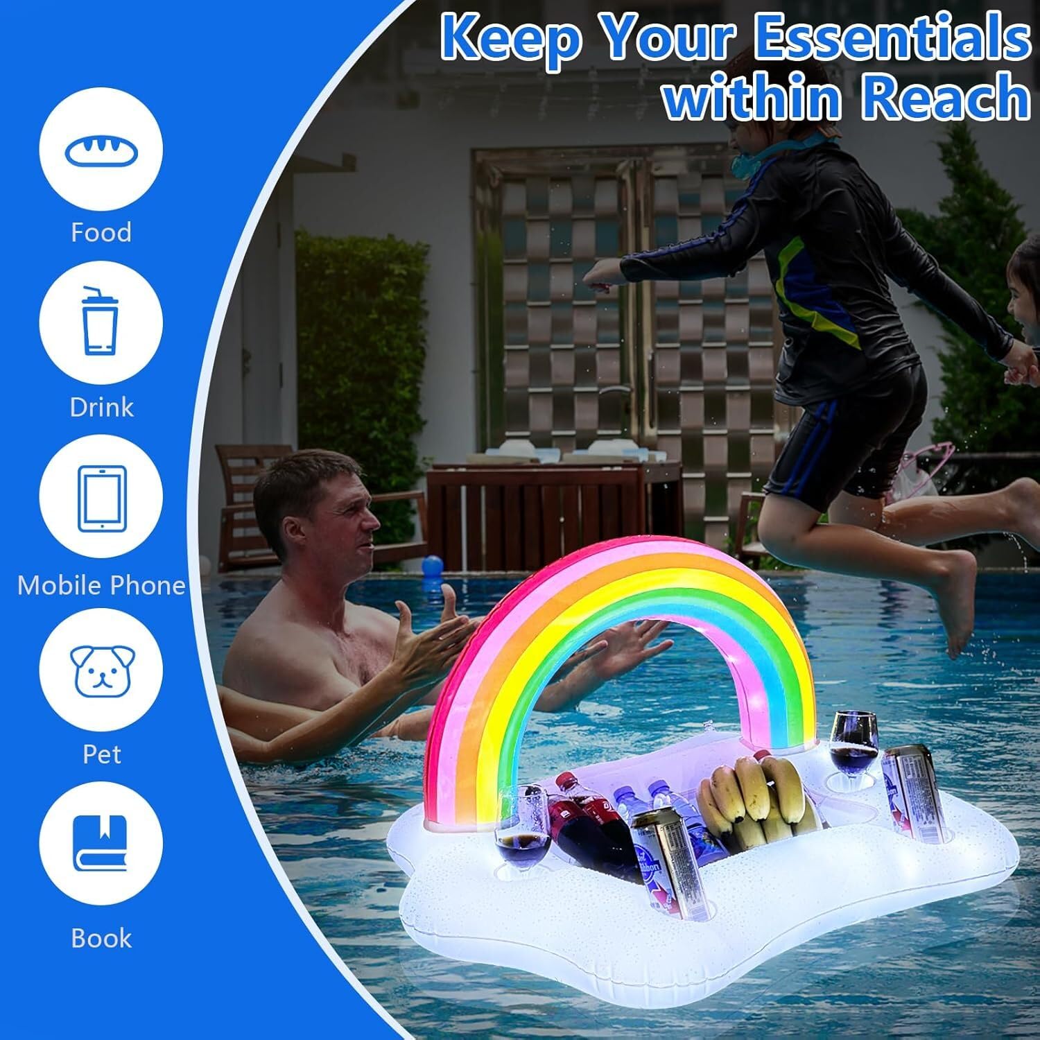 Aufblasbarer Regenbogen-Wolken-Getränkehalter mit Lichtern, solarbetriebene schwimmende Pool-Servierbar