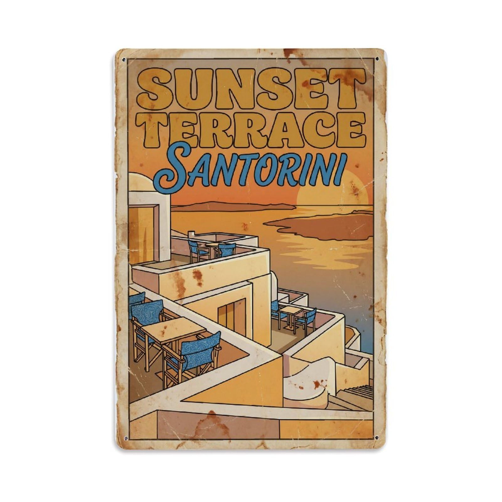 Gead 8X12inch Style Vintage Travel Santorini Sunset Terrace Metal Tin Sign