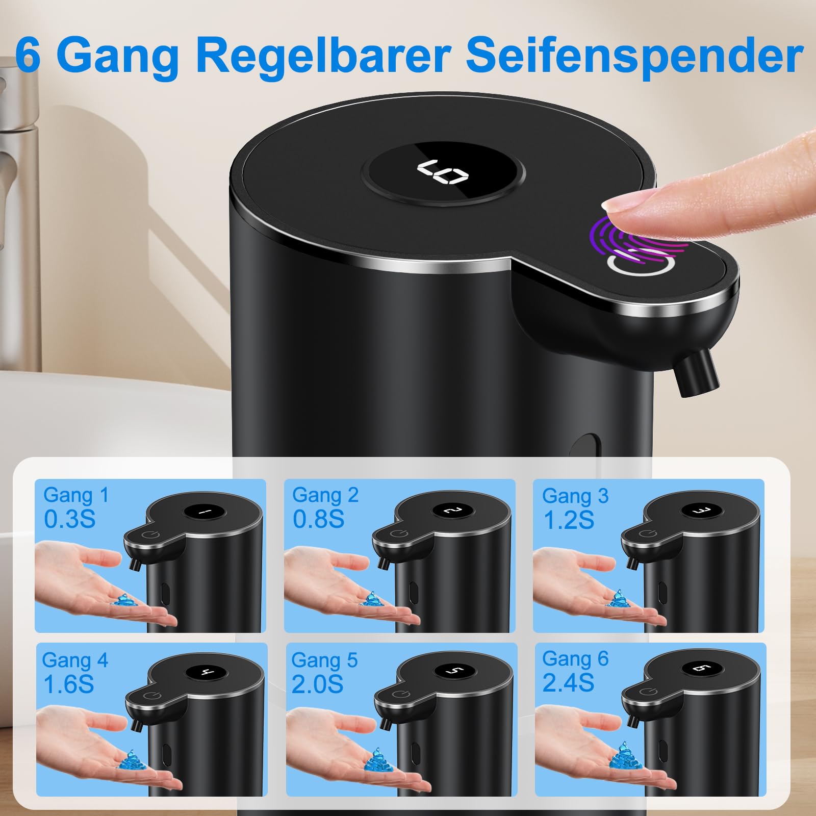 Fantictas Seifenspender Automatisch, Elektrischer Seifenspender mit Display, USB-Wiederaufladbarer,6-Stufig Einstellbar, 380ml Wandmontage für Badezimmer/Küche/Geschirrspülmittel, Schwarz