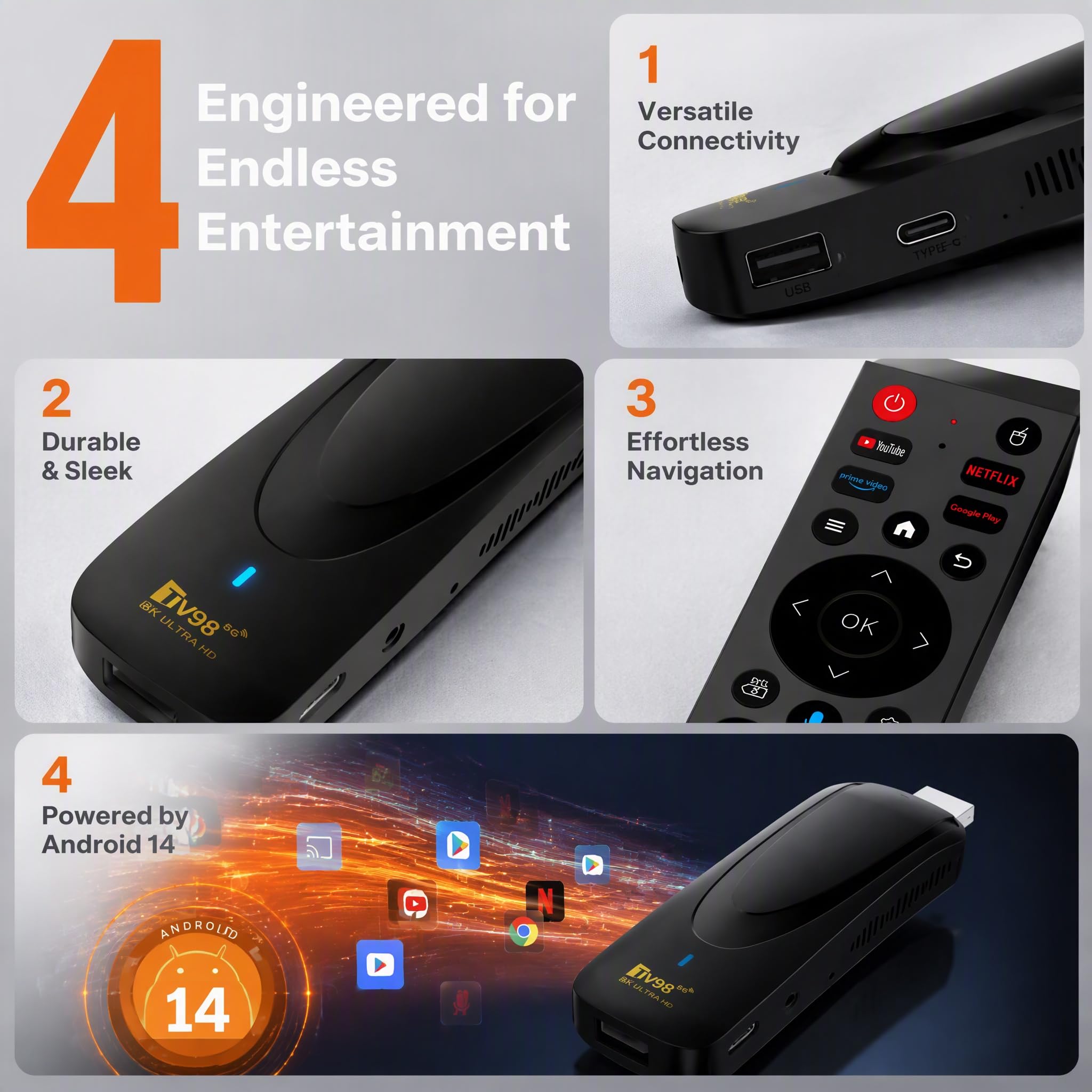 Android 14 OS Bluetooth TV Stick, 8K Streaming, 2GB RAM Voice Remote