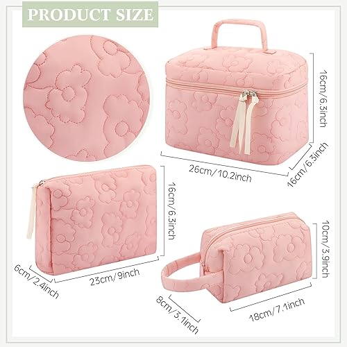 Miniatura 3 de Paterr Juego de 3 bolsas de maquillaje acolchadas de algodón, bolsa de cosméticos de coqueta, bolsa de viaje para artículos de tocador, bonita bolsa