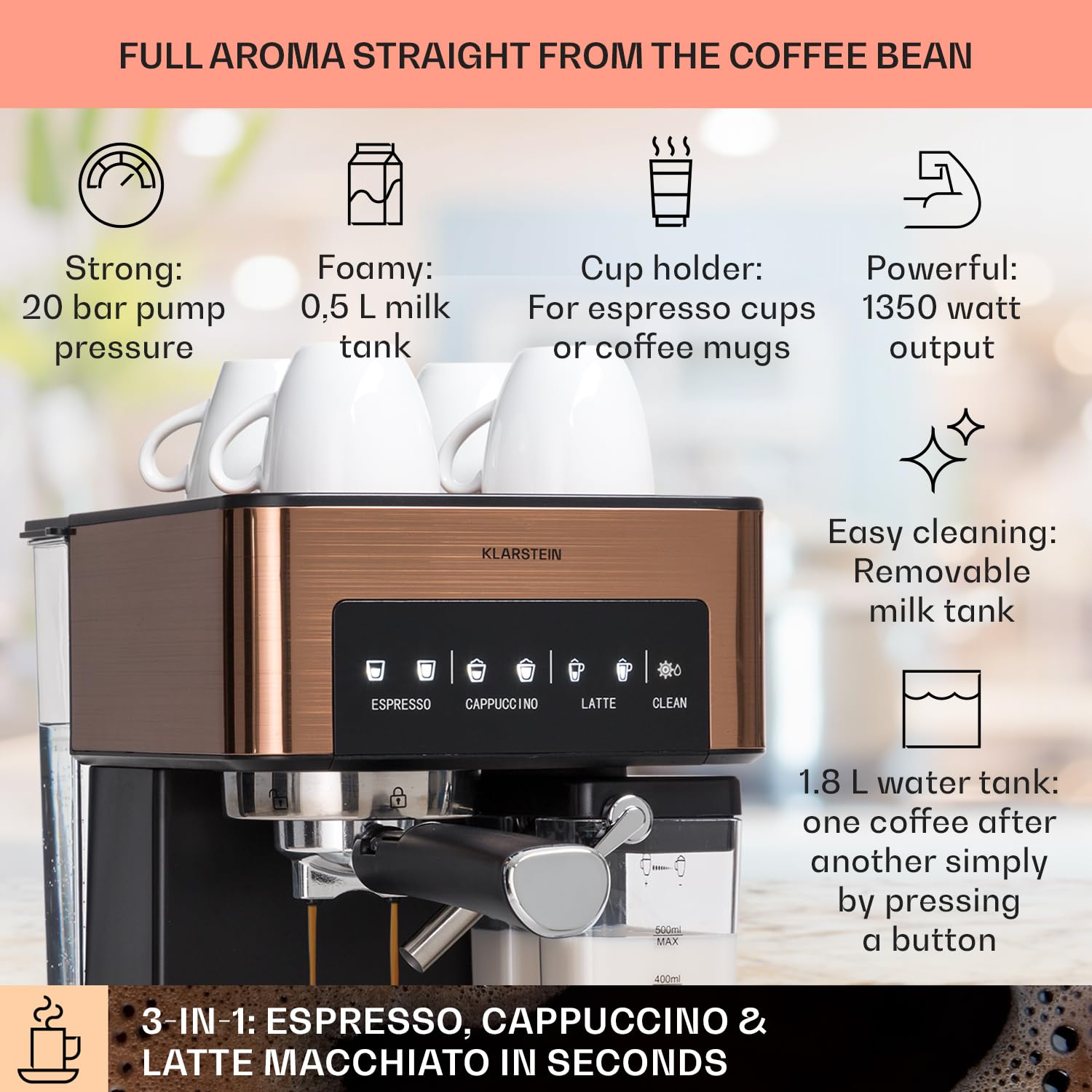 Ekspres kolbowy do espresso ze spieniaczem do mleka, Miniekspres do kawy 1,8 l z portafiltrem, Ekspres do kawy ze stali nierdzewnej z ciśnieniem 20 barów, 0,5-litrowy zbiornik na