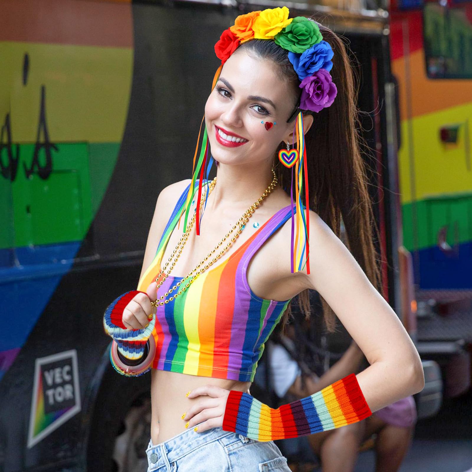 Hifot Rainbow Costume for Women - Rainbow Tutu Skirt, Flower Headband, Socks, Arm Warmers, Earrings - LGBTQ, Gay Pride Accessories - Image 3