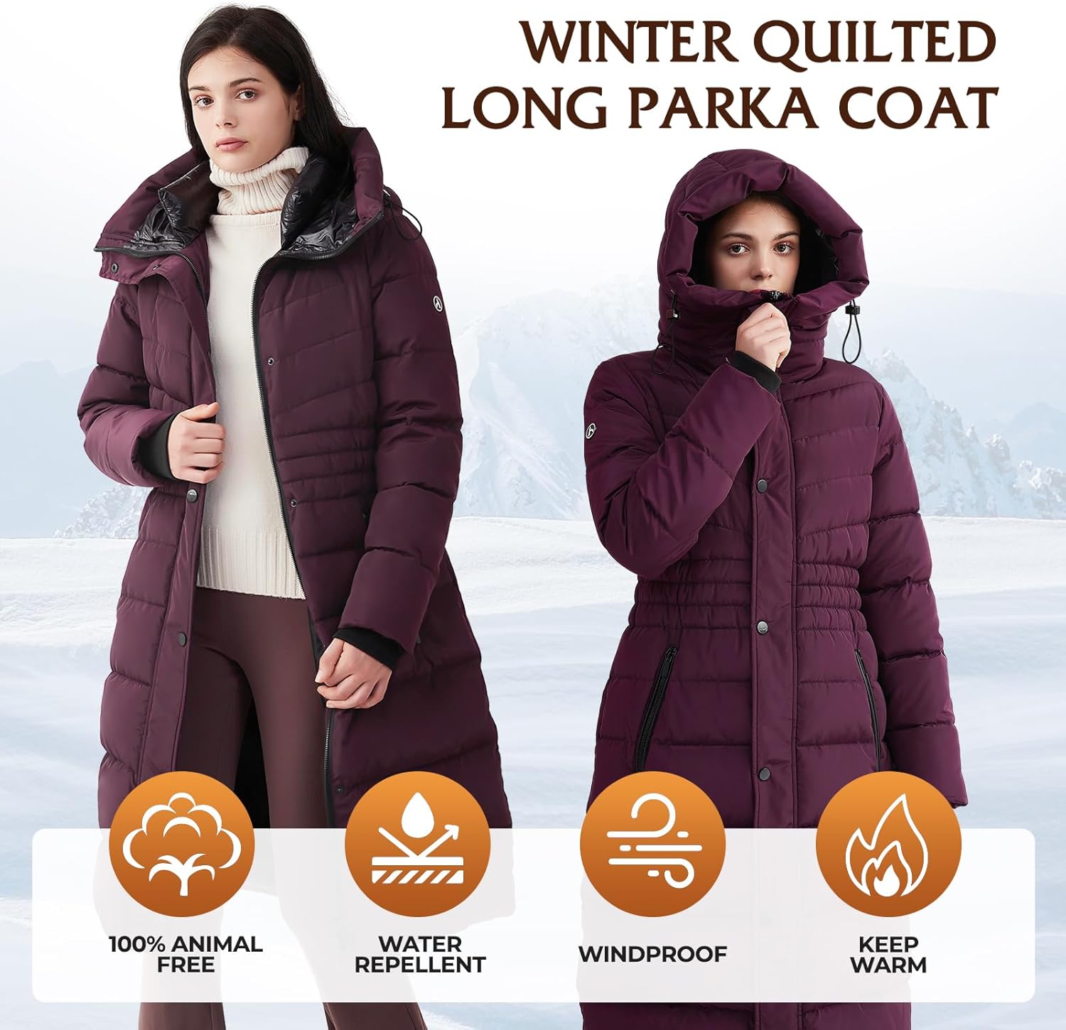 IKAZZ Women's Winter Coats, Thickened Warm Insulated Vegan Down Long Parka Jacket with Hood - Image 2