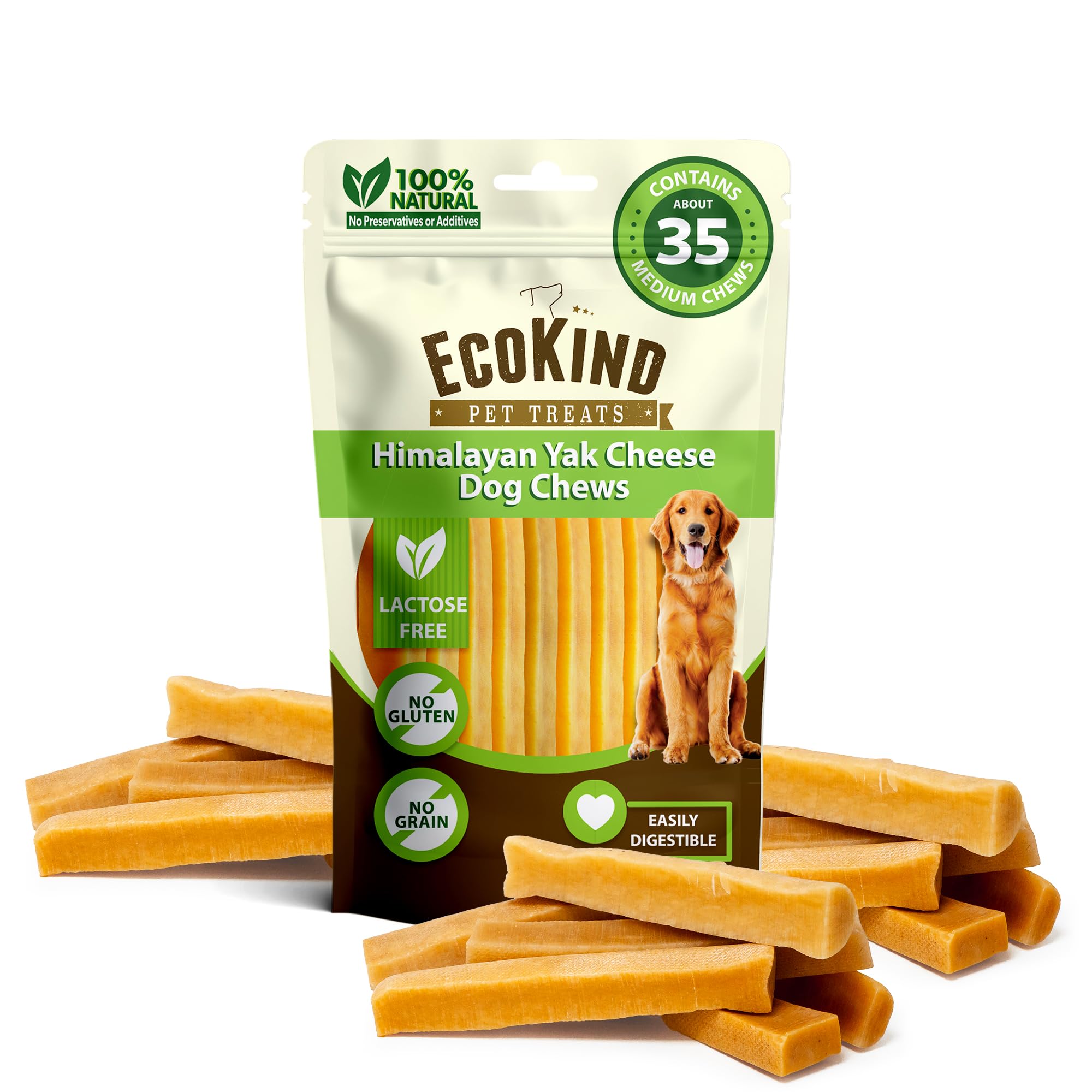 EcoKind Premium Gold Yak Cheese Himalayan Dog Chews, Healthy Dog Treats for Medium Dogs, All Natural, Long Lasting Dog Chew for Aggressive Chewers,