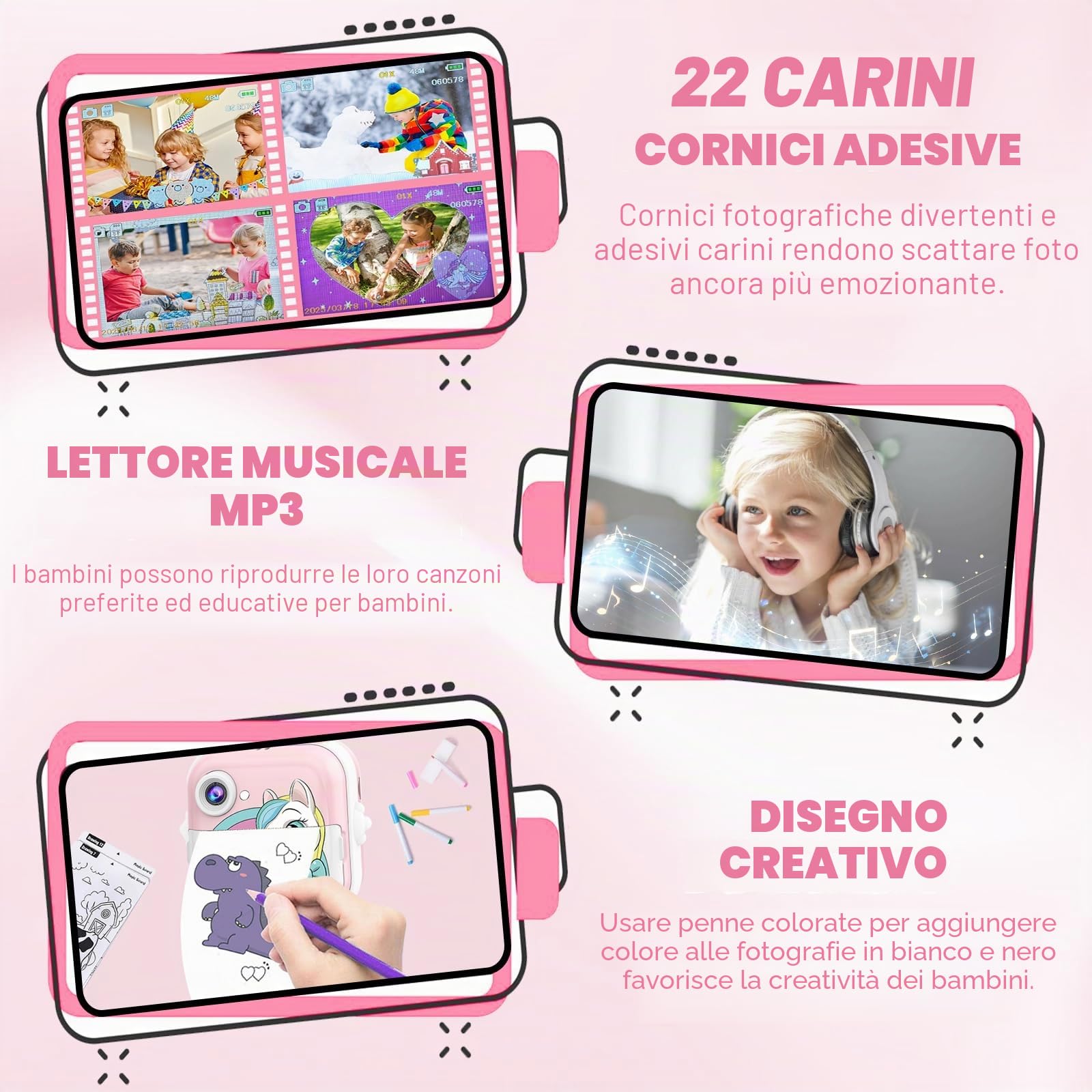 CATGIFF Macchina Fotografica Bambini Istantanea, 2.4 Pollici 1080P HD Fotocamera Digitale Bambini con Matita Colorata Carta da Stampa e 32GB Scheda, Rosa