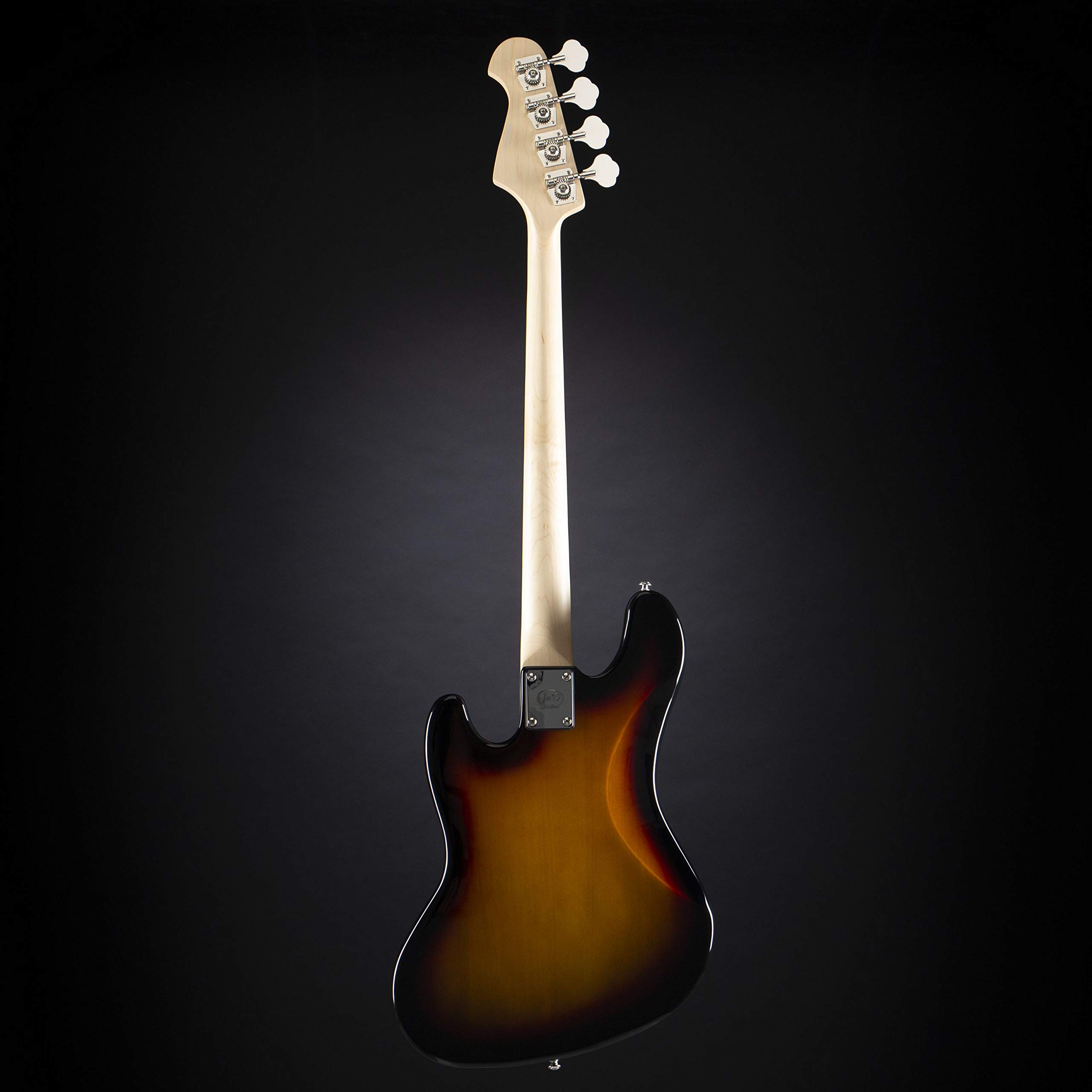 J & D E-Bass, Bass Gitarre mit 4 Saiten und Linde Korpus, JB Bass mit 2 Single Coil Tonabnehmern und passiver Elektronik, 3-Tone Sunburst